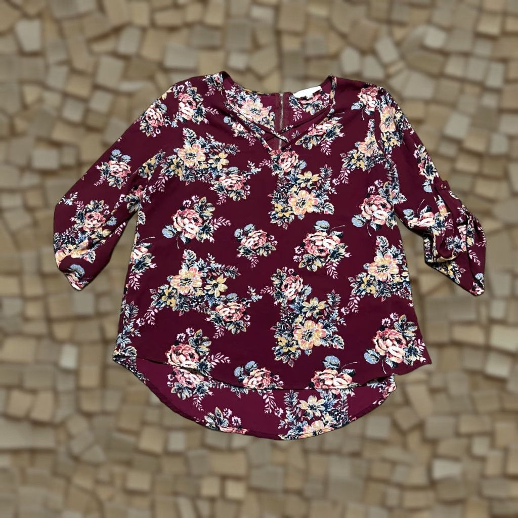 Vintage Pink Republic Shirt, Women, L, Floral, Back Zip Up, 3/4 Sleeve, Round Neck, Casual, Maroon, Pink, Regular Fit, T-Shirt, Vintage No Size L / US 10 / IT 46 - 1 Thumbnail