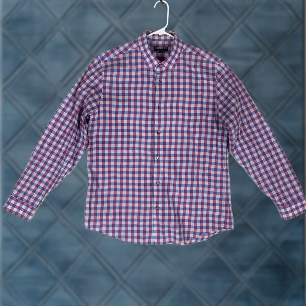 Express Express Modern Fit Mens Large 16-16.5 Shirt Purple Plaid Long Sleeve Button Down Size US L / EU 52-54 / 3 - 1 Thumbnail