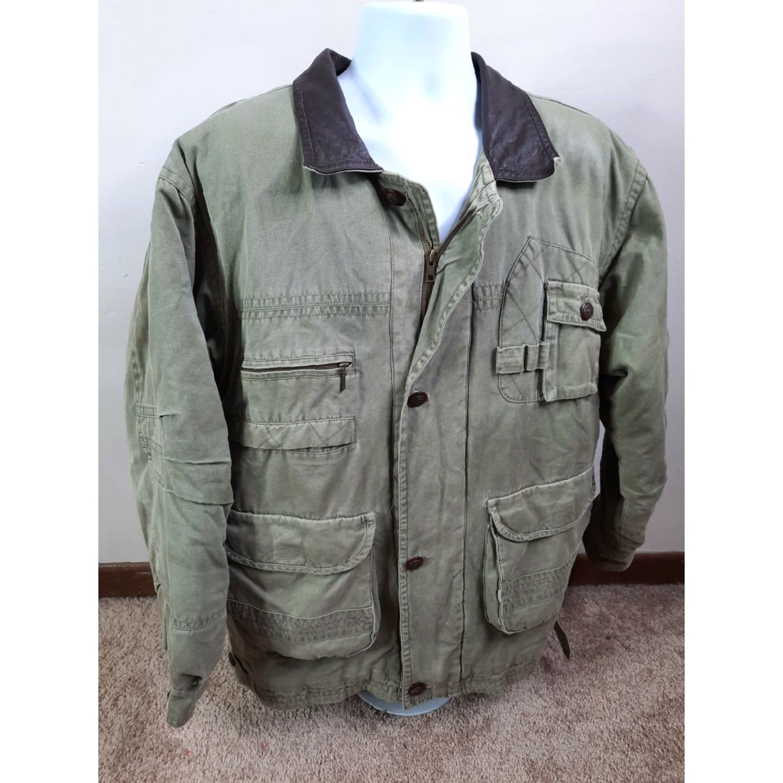 Vintage VINTAGE Bomber Jacket Men L Green Canvas 90s Leather Collar Full Zip All Seasons Hiking Travel Casual Workwear Size US L / EU 52-54 / 3 - 4 Thumbnail