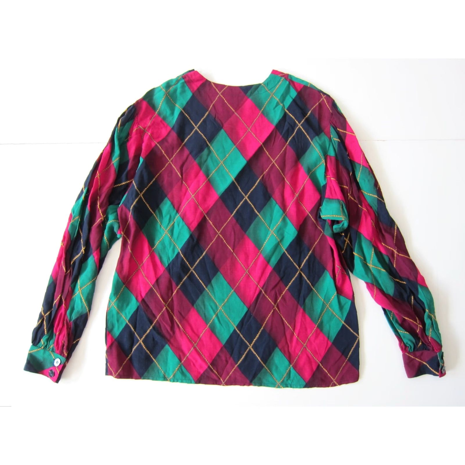 Jones New York VINTAGE Jones New York Blouse Shirt 8 Pink Green Blue Plaid Long Sleeve 100% Rayon Womens Size M / US 6-8 / IT 42-44 - 2 Thumbnail