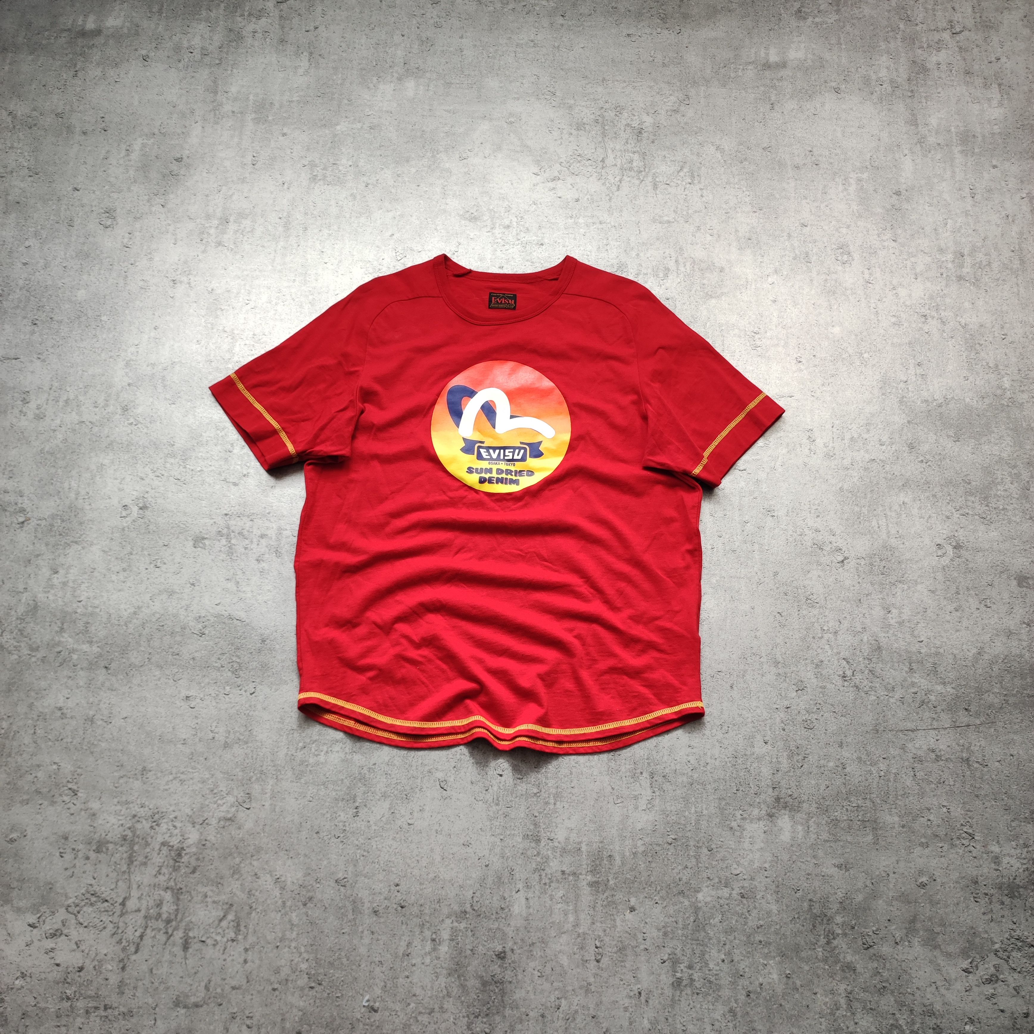Evisu × Japanese Brand Evisu Japan Big Logo Red Sun Dried Denim Tee Size US L / EU 52-54 / 3 - 1 Thumbnail