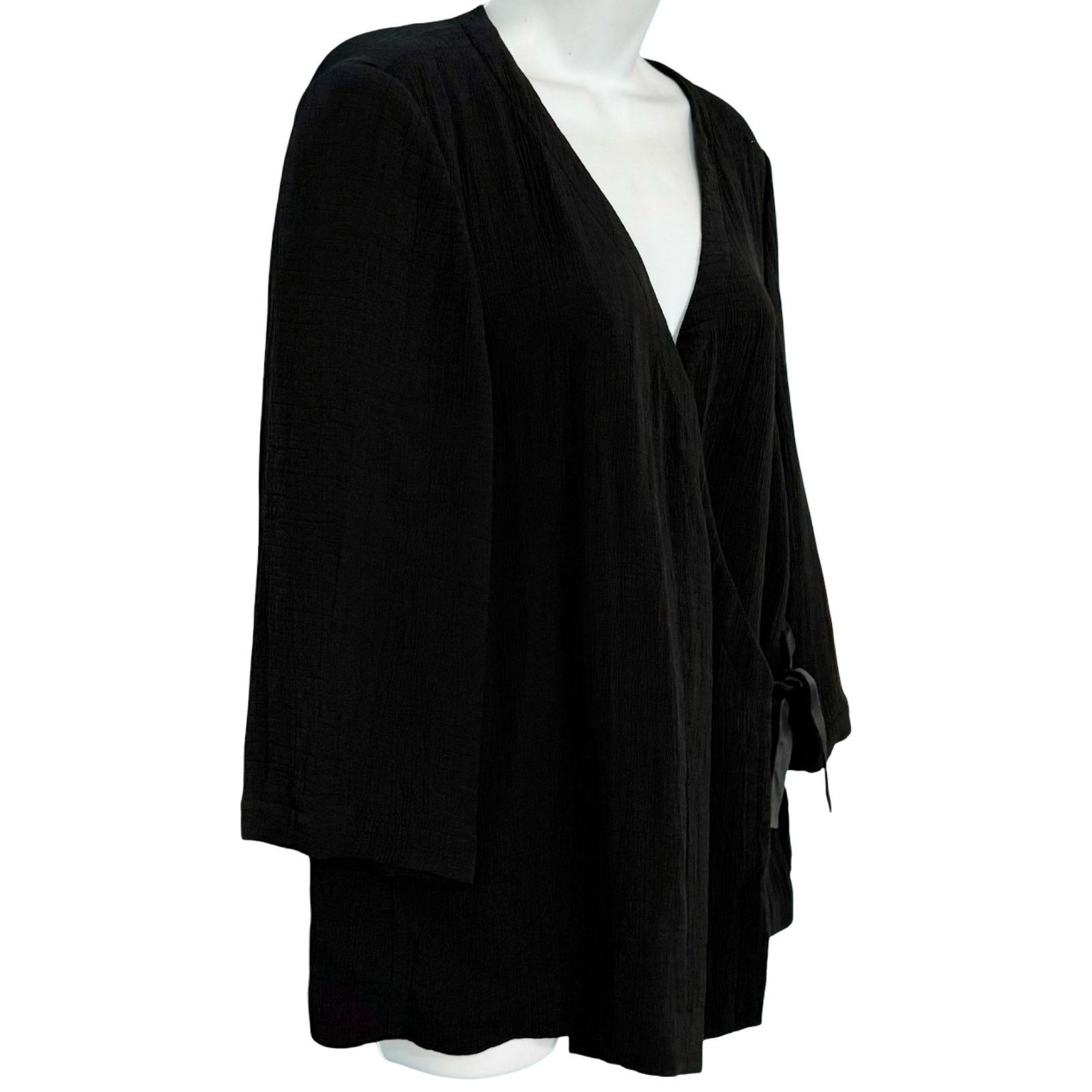 Eileen Fisher Black Silk Blend Kimono 3/4 Sleeve Wrap Top L