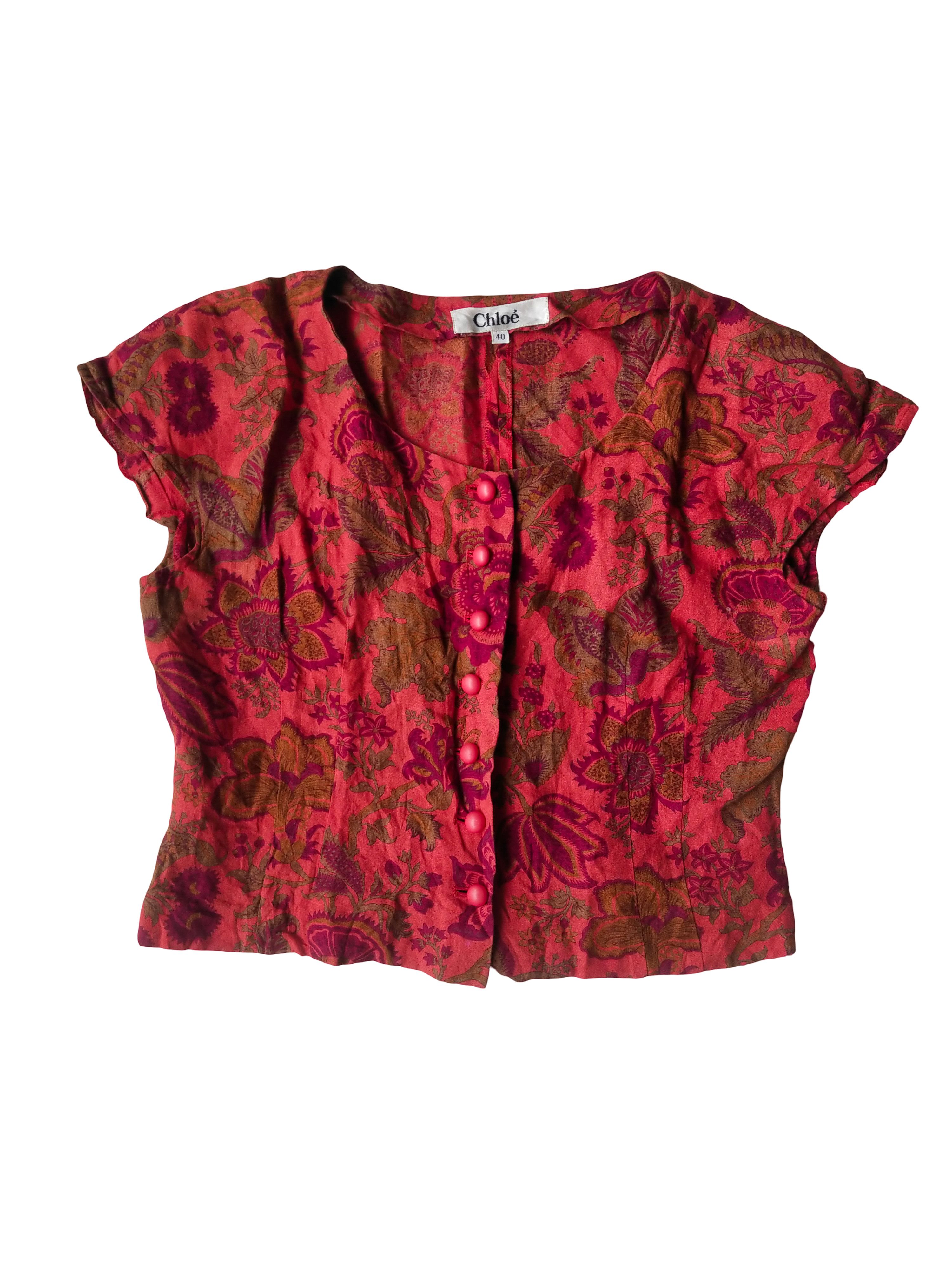 Chloe Vintage 90s Chloe Paris Red Floral Fitted Linen Blouse Size M / US 6-8 / IT 42-44 - 1 Thumbnail