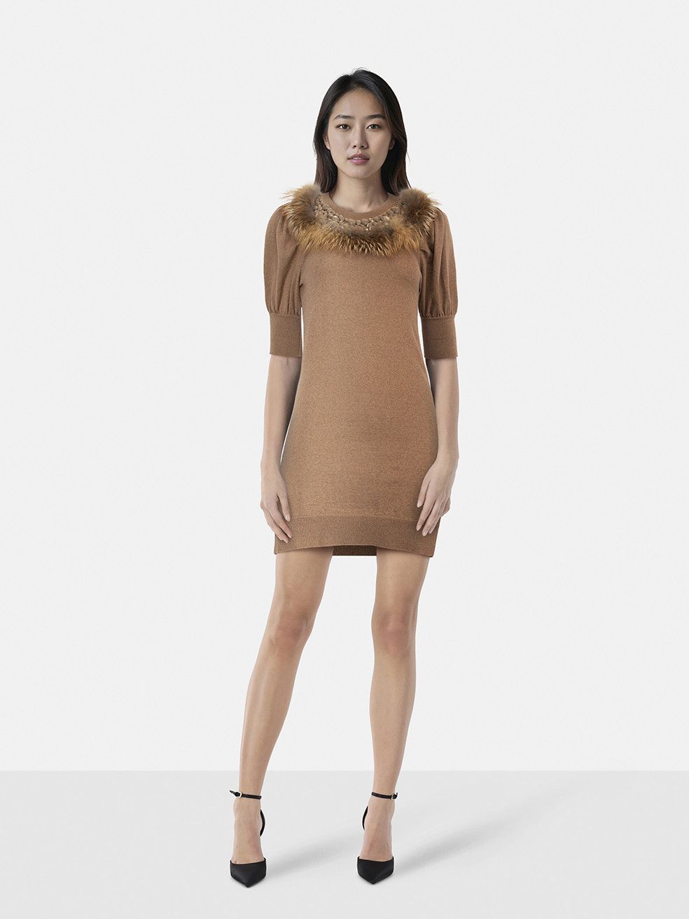 Fendi Brown Fur Trim Neckline Mini Dress Size XS / US 0-2 / IT 36-38 - 1 Thumbnail
