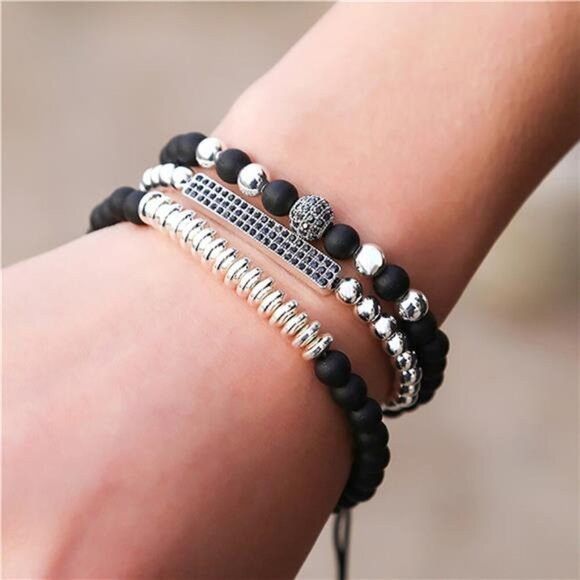Other 3PCS Men’s Black Beads Stainless Steel Bracelet Set Bangle Size ONE SIZE - 3 Thumbnail