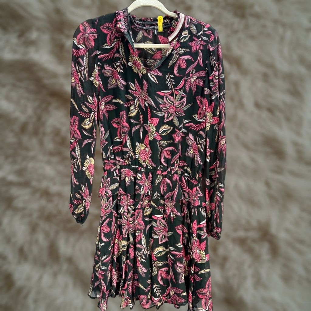 Maison Scotch Womens Maison Scotch Black Pink Floral Shirt Dress Flared Long Sleeve Sheer Sz S Size S / US 4 / IT 40 - 1 Thumbnail
