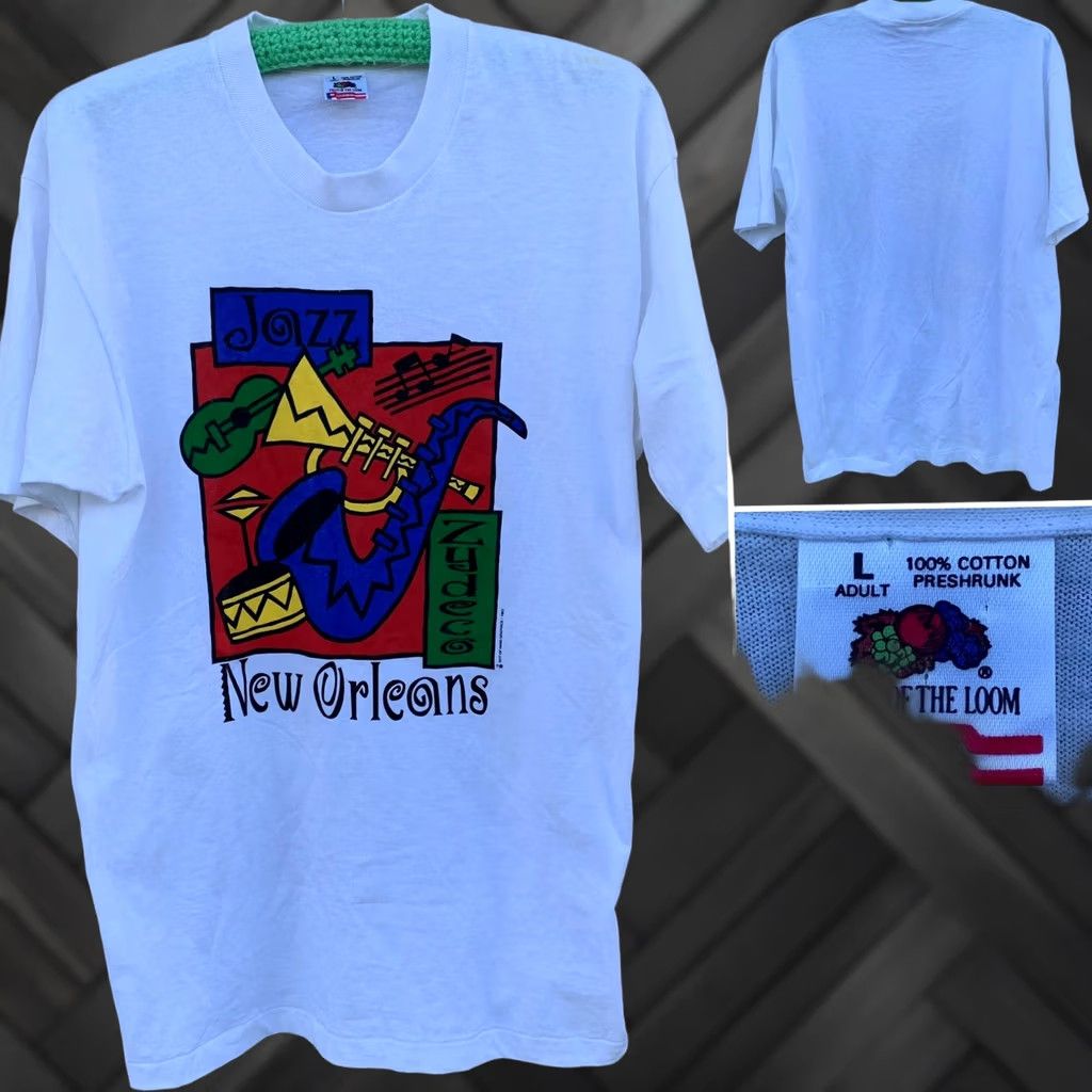 Fruit Of The Loom vintage New Orleans Jazz Zydeco t-shirt Out of Hand Graphics 1993 single stitch L White Cotton Men Graphic Tee Size US L / EU 52-54 / 3 - 1 Thumbnail