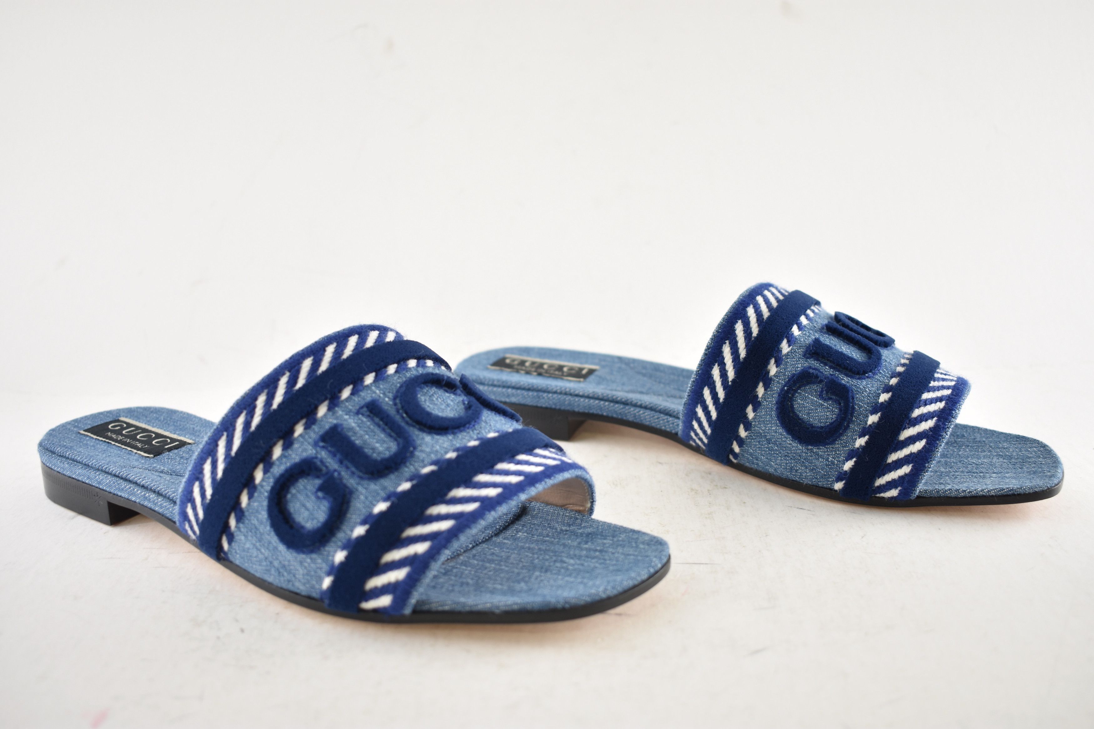 Gucci Gucci Jane Blue Denim Velvet Logo Mule Flat Slide Sandal 37 Size US 7 / IT 37 - 4 Thumbnail