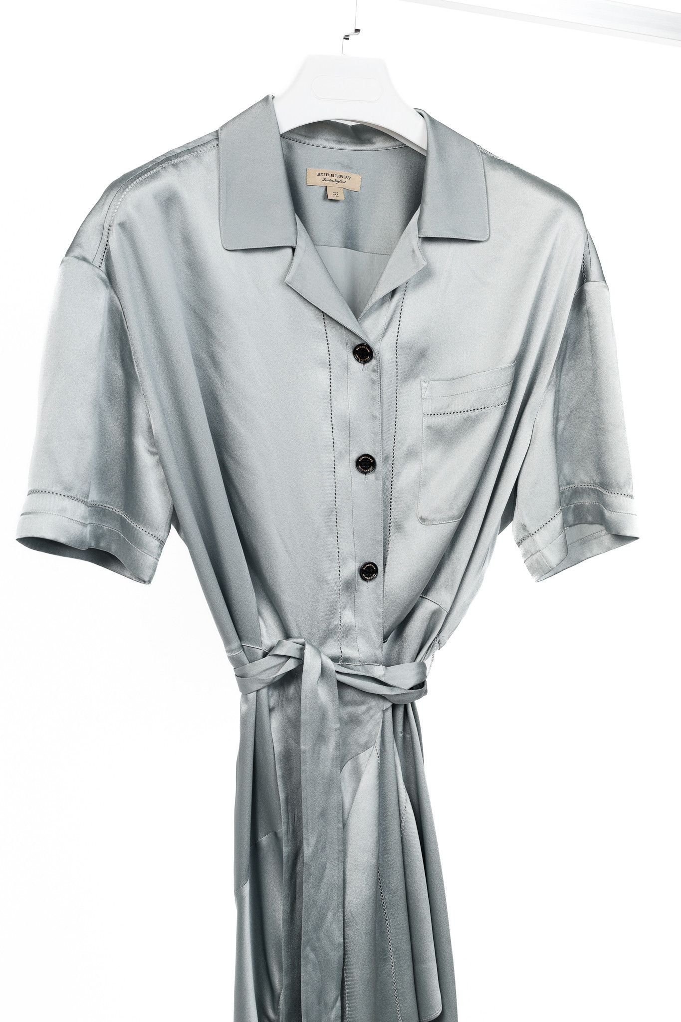 Burberry Burberry Emily Mineral Blue Silk-Satin Tie-Waist Shirt Dress Size S / US 4 / IT 40 - 3 Thumbnail