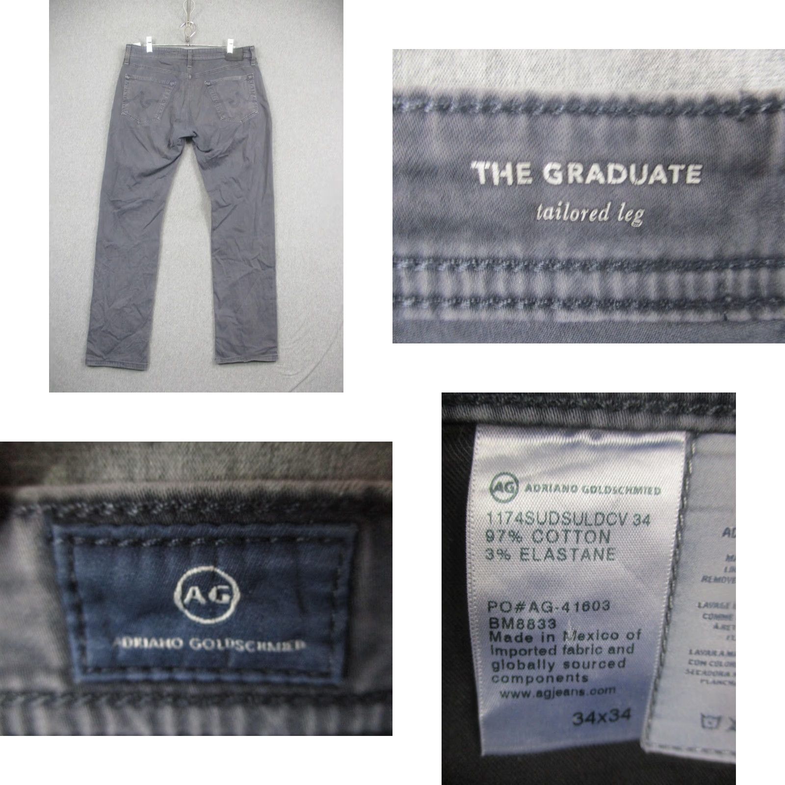 Vintage AG Adriano Goldschmied Jeans Mens 34 The Graduate Tailored Leg Straight Stretch Gray/Charcoal 5-Pocket Denim Size US 34 / EU 50 - 8 Thumbnail