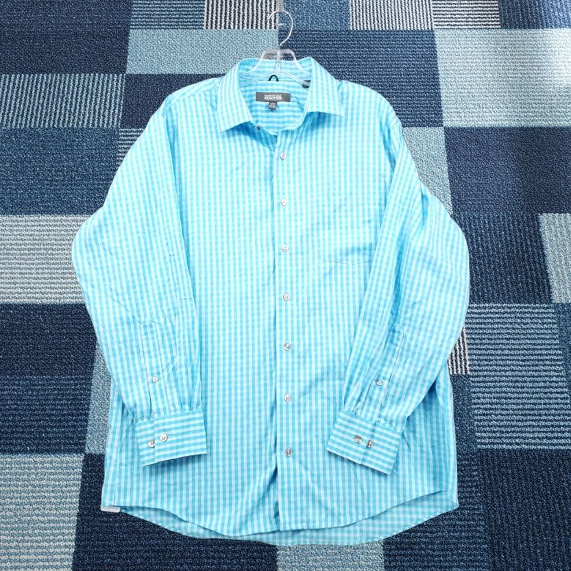 Kenneth Cole Kenneth Cole Reaction Shirt Mens L Blue Dress Button Check Non Iron Size 42R - 1 Thumbnail