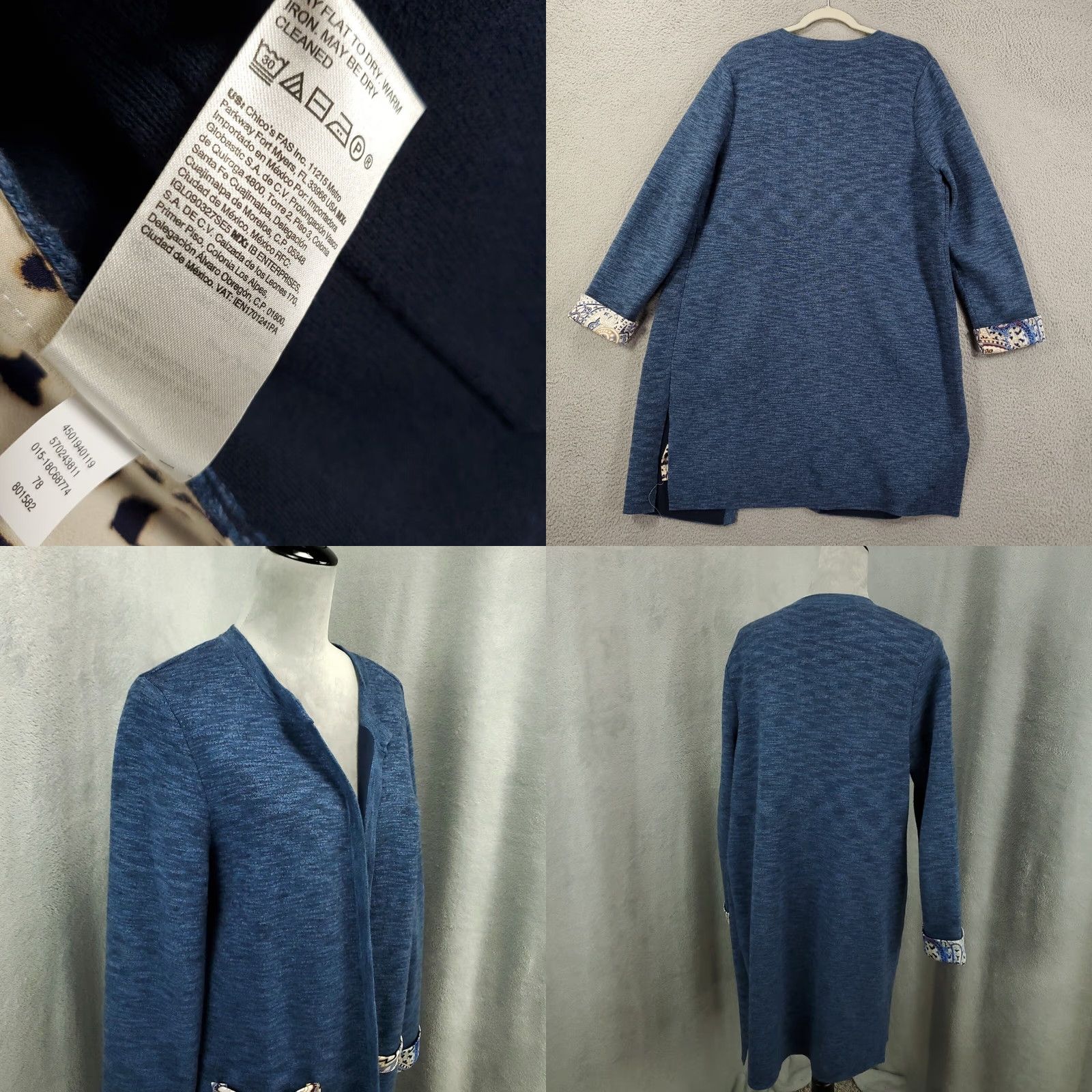 Vintage Chico's Cardigan Womens L Blue Open Front Longline Duster Trim V-Neck Pocket Knit Warm Casual Winter Fall Spring Size L / US 10 / IT 46 - 8 Thumbnail