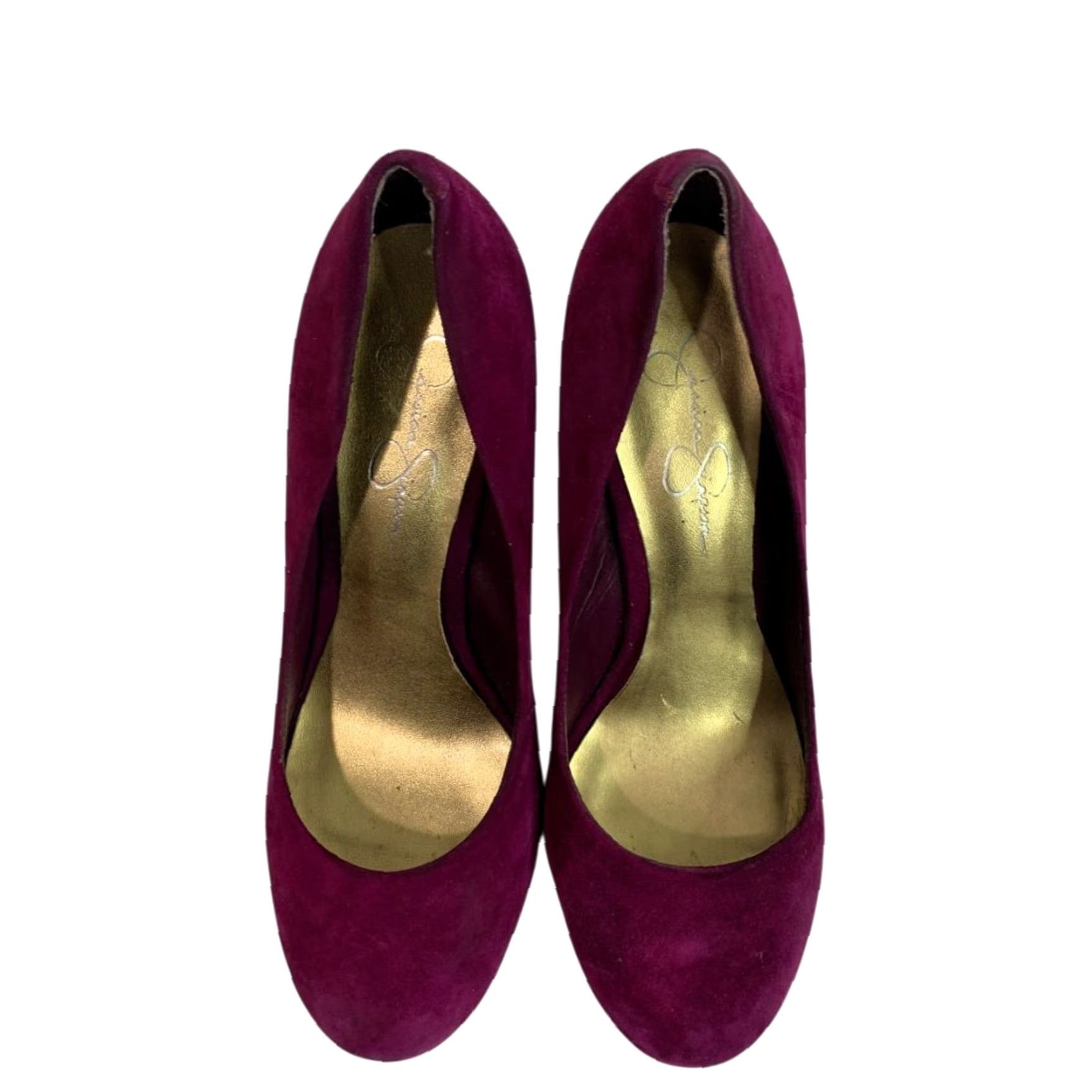 Jessica Simpson Jessica Simpson Womens Oscar Purple Faux Suede Heels 7.5 Pump Gold Flaws Red 4" Heel Womens Size US 8 / IT 38 - 6 Thumbnail