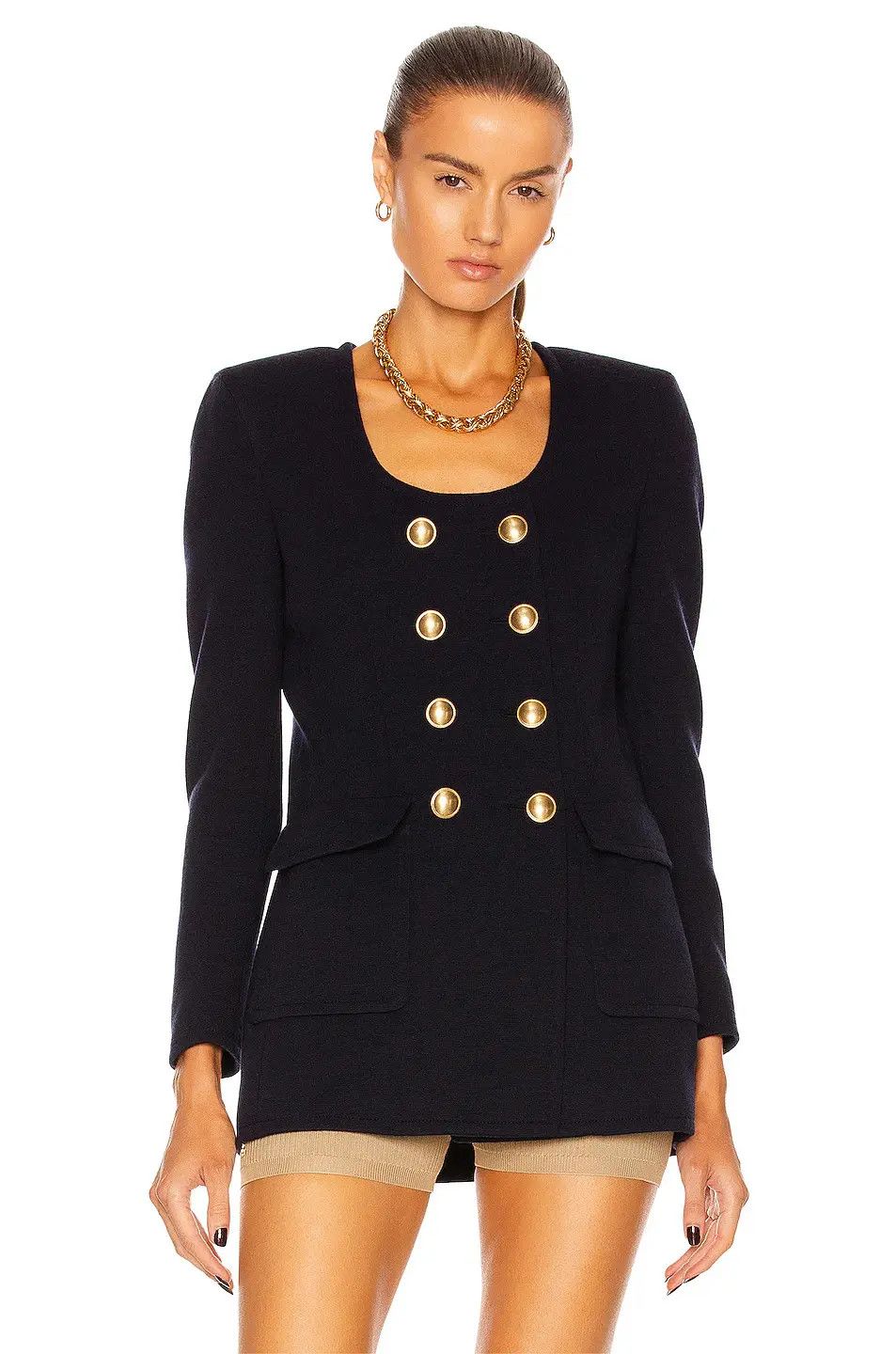 Saint Laurent Paris o1s1wg111224 Long U-Neck Jacket in Wool Jersey Marine Blue Size M / US 6-8 / IT 42-44 - 1 Thumbnail