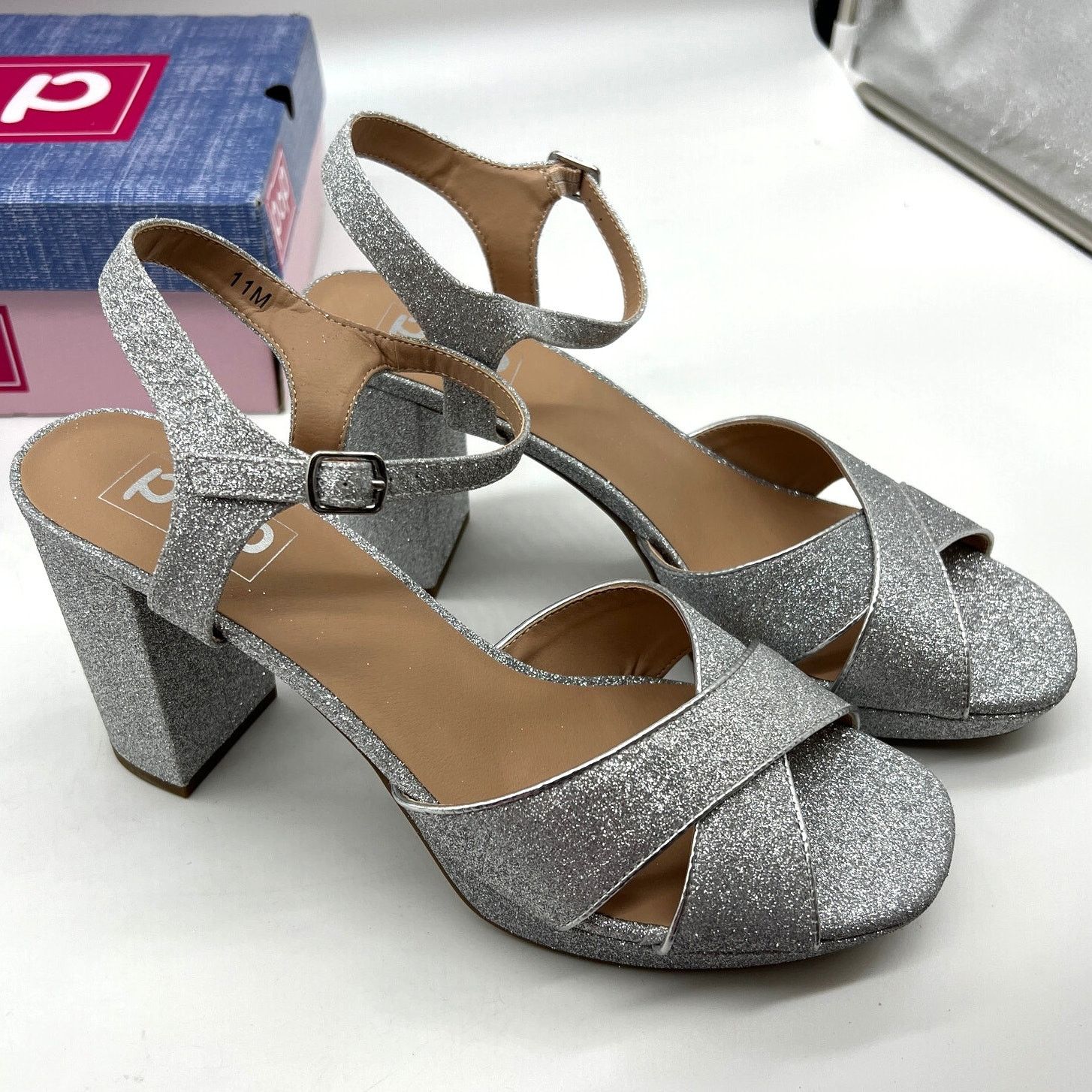 Other Pop Delighted Womens Silver Glitter Heeled Sandals Size 11M Size US 11 / IT 41 - 1 Thumbnail