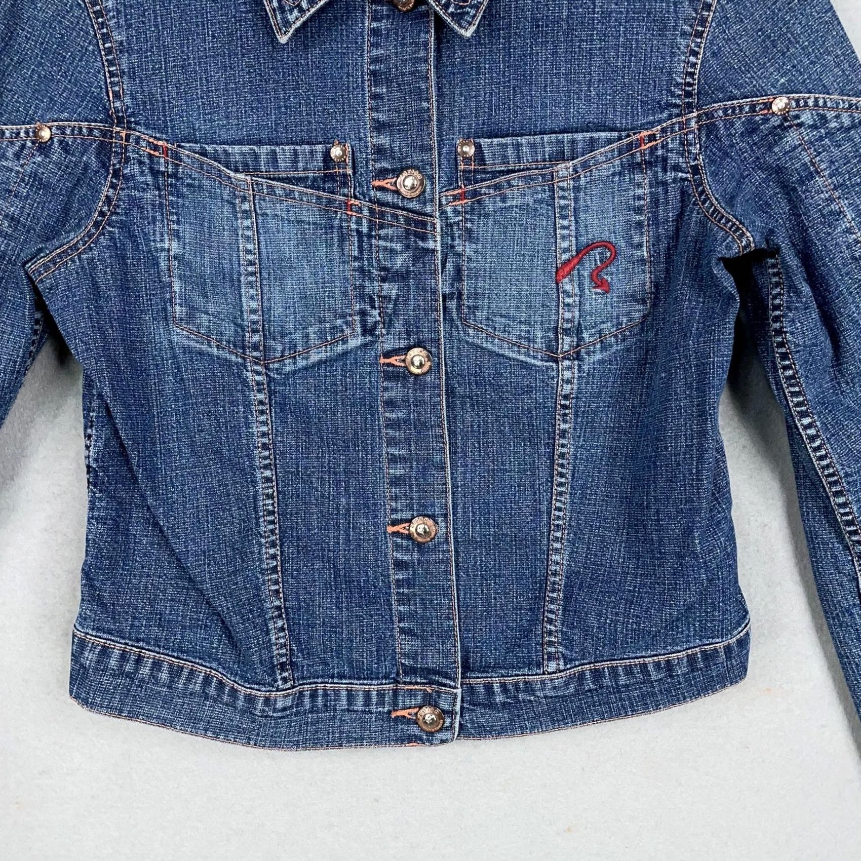 Denime Fetish Denim Jacket Womens Small Blue Jean Fitted Button Front Western Style 90s Casual Mens Womens Girls Boys Size 28" / US 6 / IT 42 - 3 Thumbnail