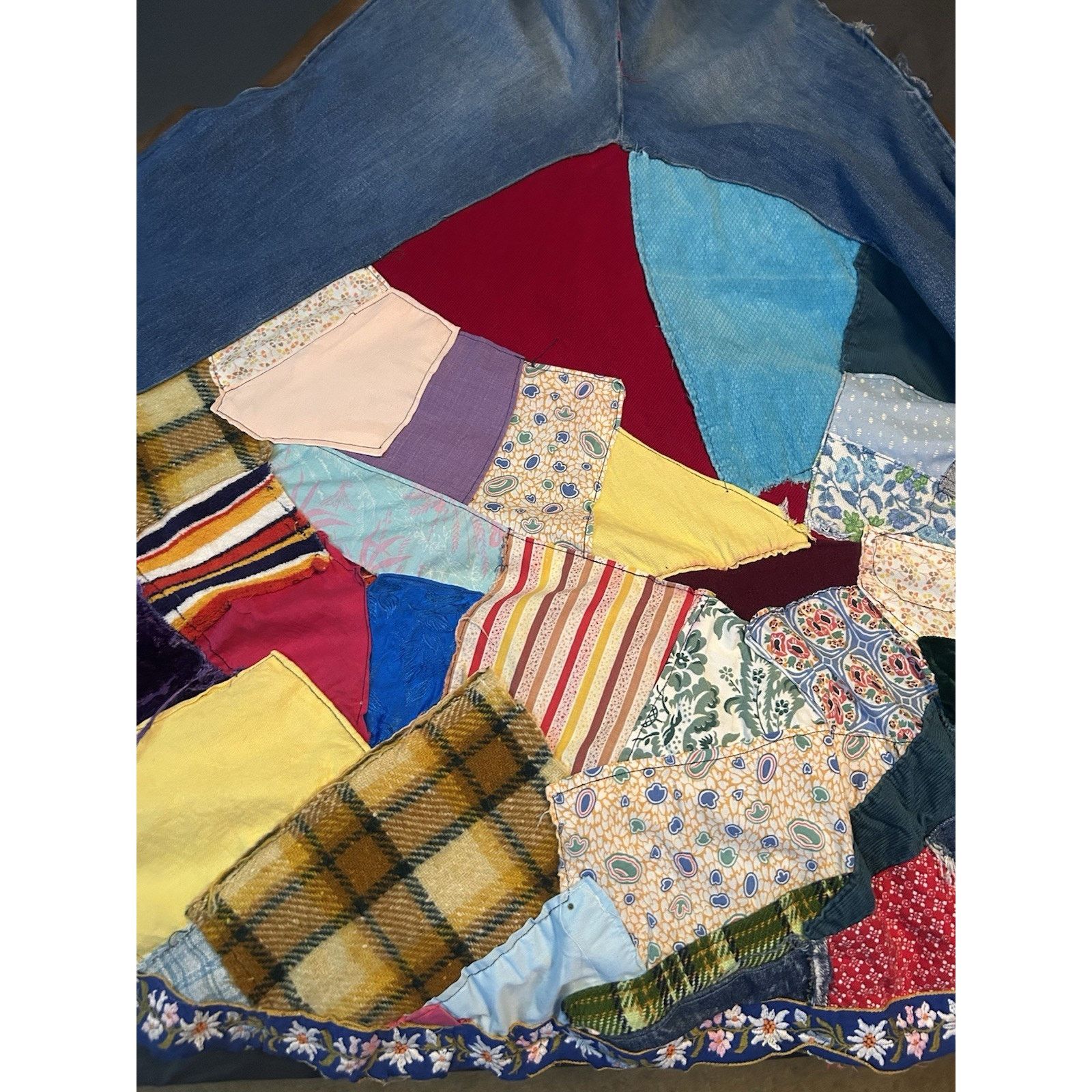 Other Vintage Homemade Denim Leather Velvet Quilted Sewn Skirt Size 26" / US 2 / IT 38 - 7 Thumbnail