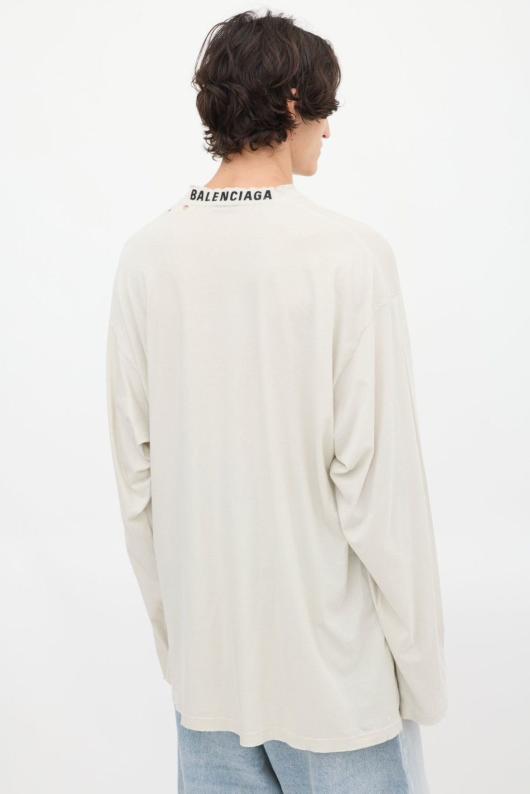 Balenciaga Logo Neck Distressed Embro Rib Jersey Long Sleeve T-Shirt Size US M / EU 48-50 / 2 - 1 Thumbnail