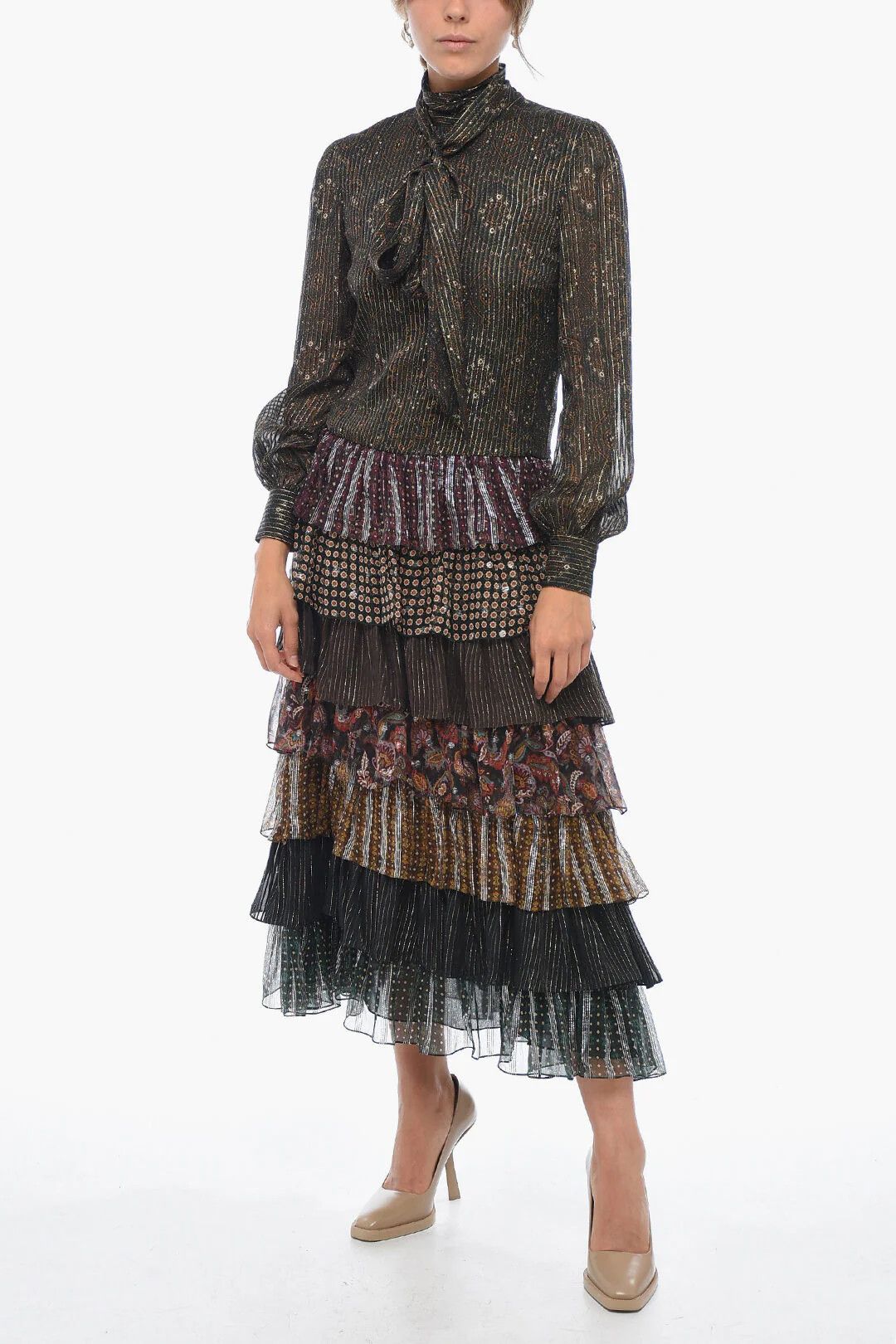 Celine og1mm0326 Tie-Neck Silk-Blend Ruffle Dress in Multicolor Size M / US 6-8 / IT 42-44 - 1 Thumbnail