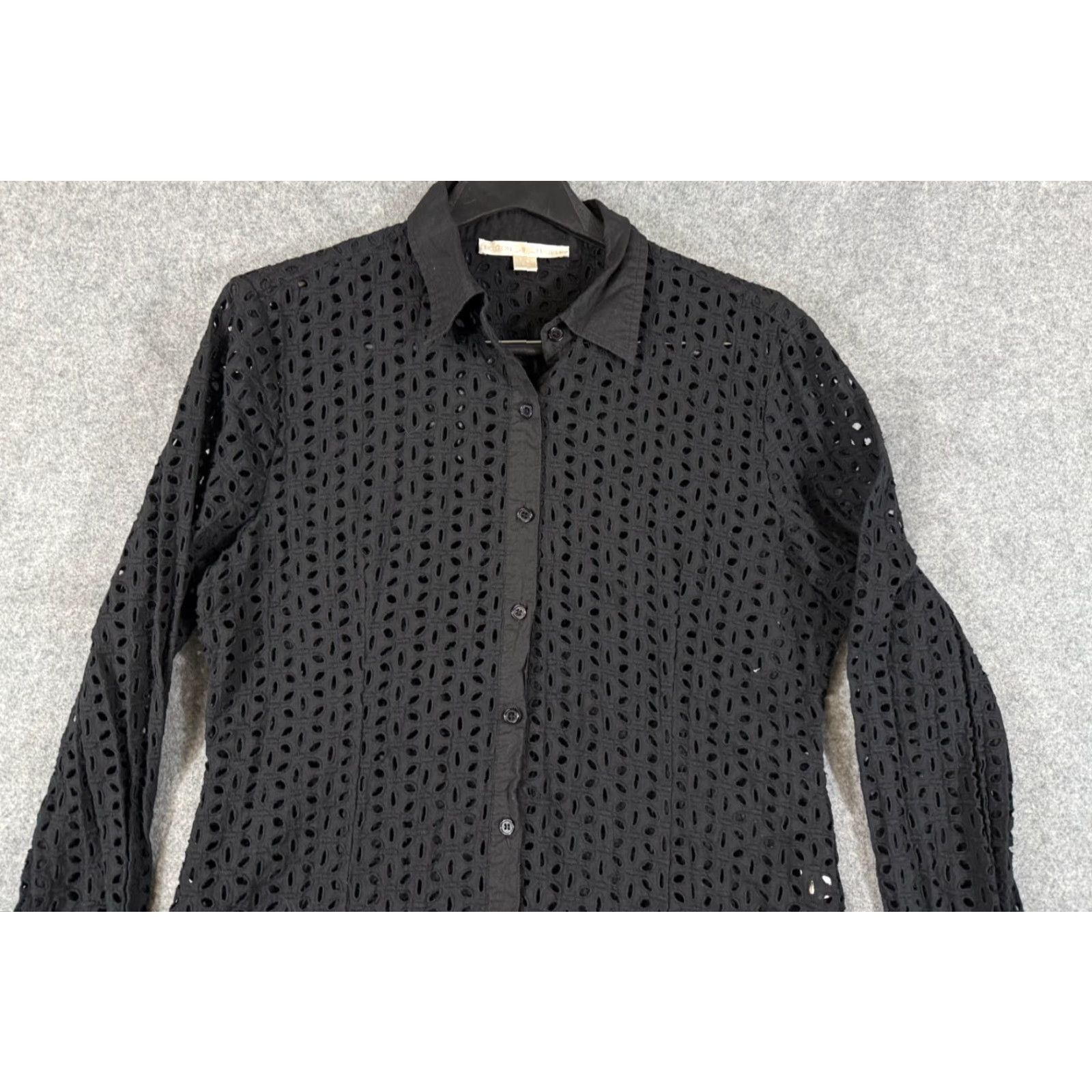 Boston Proper VINTAGE Boston Proper Lattice Shirt Womens 18 Black Cotton Button Up Eyelet Embroidered Long Sleeve Size XXL / US 16-18 / IT 52-54 - 2 Thumbnail