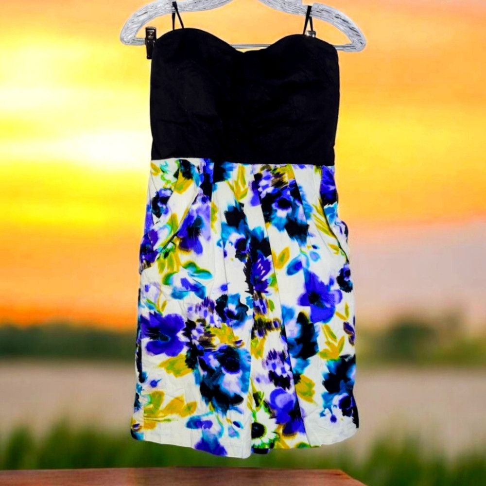 Other IZ Byer Sz 9 Vintage Purple/Black Floral Strapless Dress Size M / US 6-8 / IT 42-44 - 1 Thumbnail