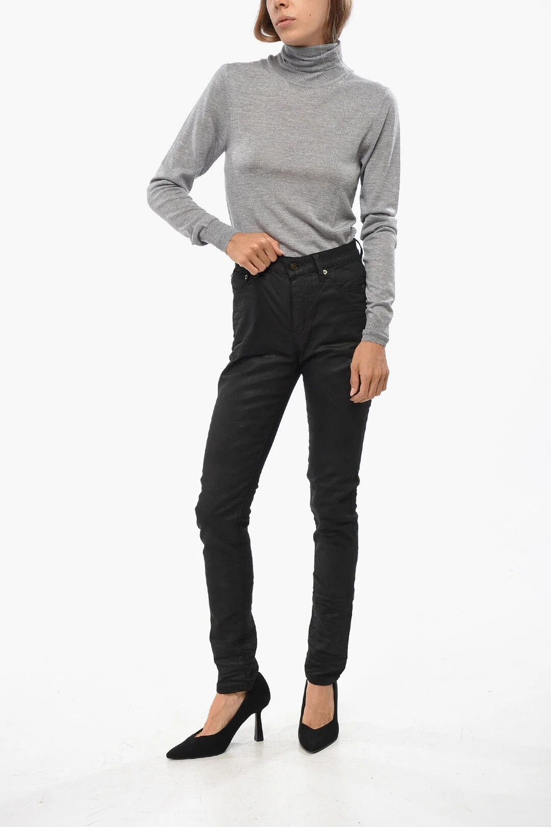 Saint Laurent Paris og1mm0326 Coated Cotton Dark Wash Jeans in Black Size 26" / US 2 / IT 38 - 4 Thumbnail