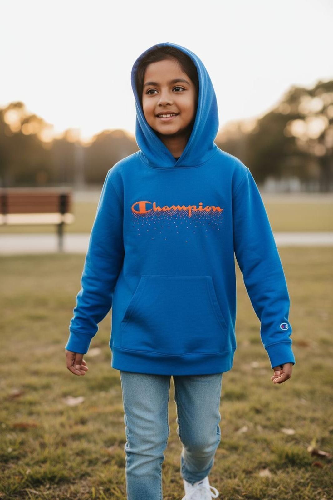 Champion Champion Kids' Blue Hoodie with Orange Logo Size US XL / EU 56 / 4 - 1 Thumbnail