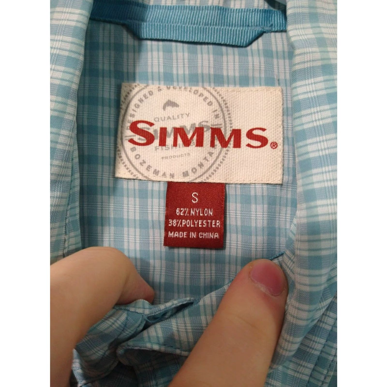 Vintage Simms Shirt Mens Small Blue Plaid Short Sleeve Button Up Outdoor Nylon Polyester Regular Fit Size US S / EU 44-46 / 1 - 5 Thumbnail