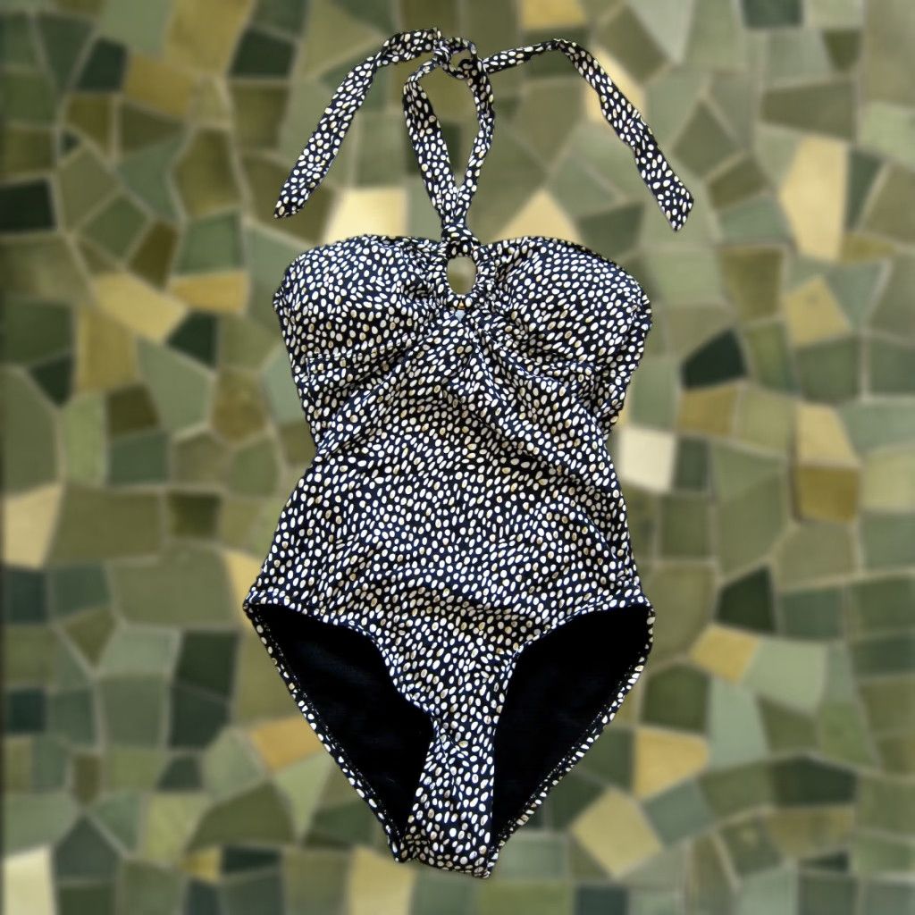 Vintage Atmosphere One Piece Halter Swimsuit Women 2 Black Polka Dot Built-In Bra Size ONE SIZE - 1 Thumbnail