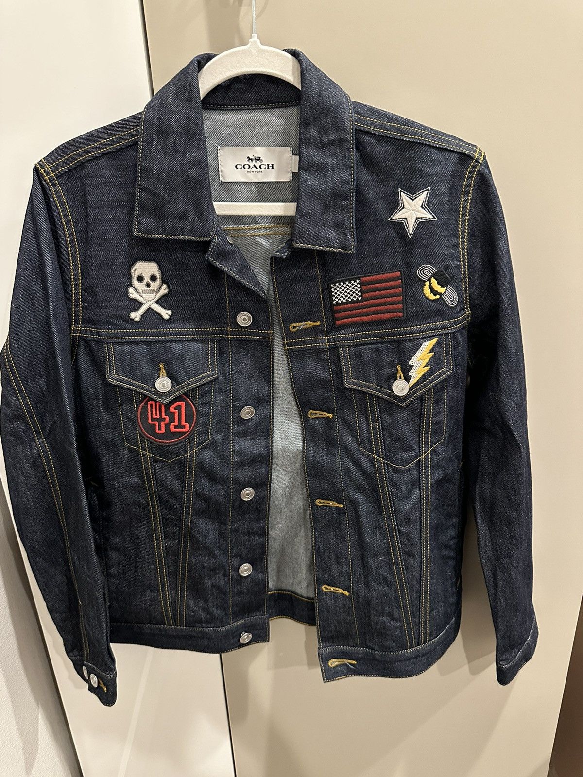 Image of Coach Embroidered With Patches Denim Jacket in Navy, Men's (Size XS)