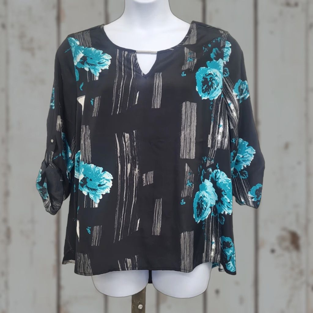 Vintage Larry Levine Blouse Women's XL Black Blue Floral Keyhole Neckline Preppy Tunic, Long Sleeve, Polyester, Regular Fit Size XL / US 12-14 / IT 48-50 - 1 Thumbnail