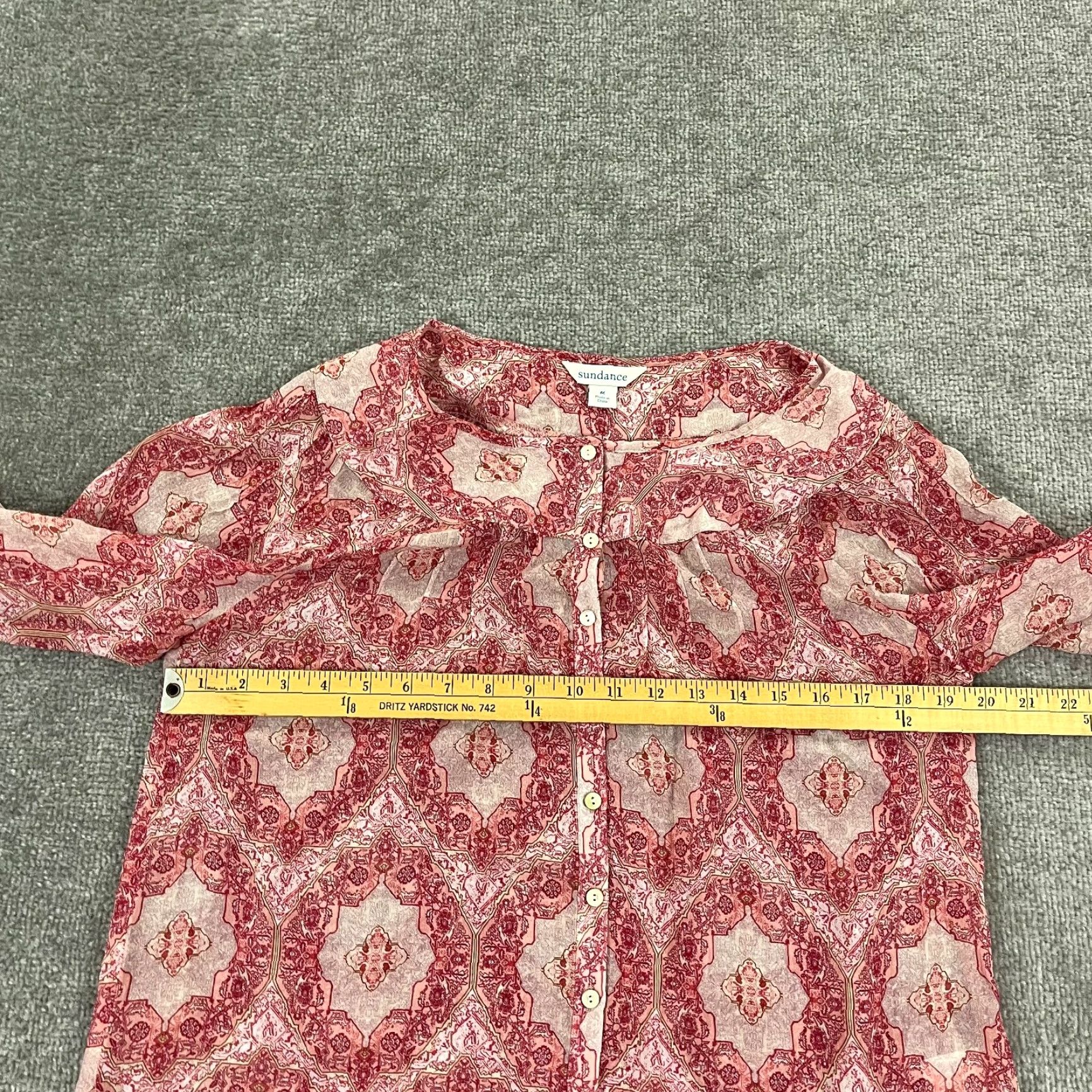 Vintage SUNDANCE Top Womens Medium Red Pink Floral 100% Silk Sheer Blouse Button Up Size M / US 6-8 / IT 42-44 - 5 Thumbnail