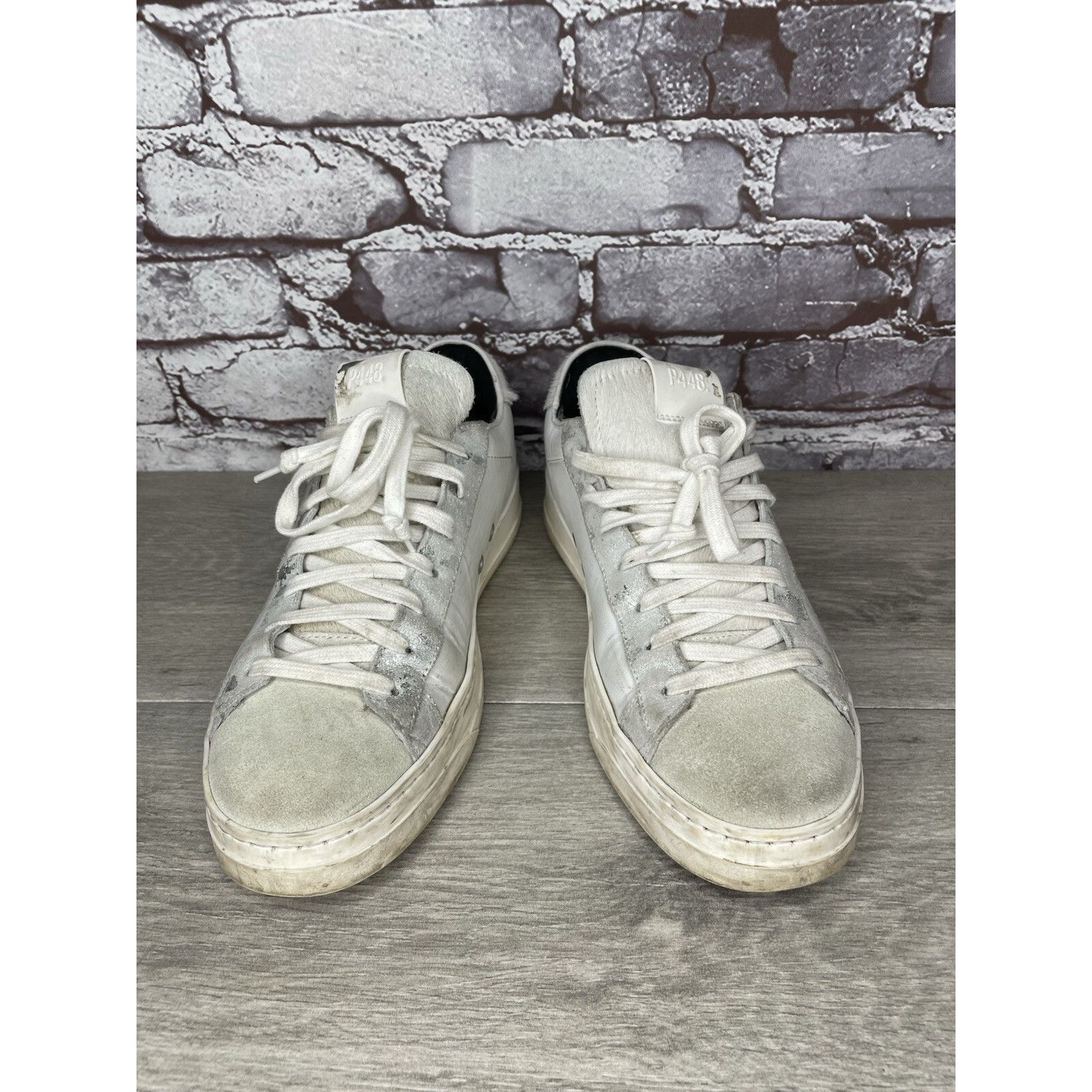P448 P448 White Leather Gray Suede Silver Glitter Low Top Sneaker Size US 9.5 / IT 39.5 - 18 Thumbnail