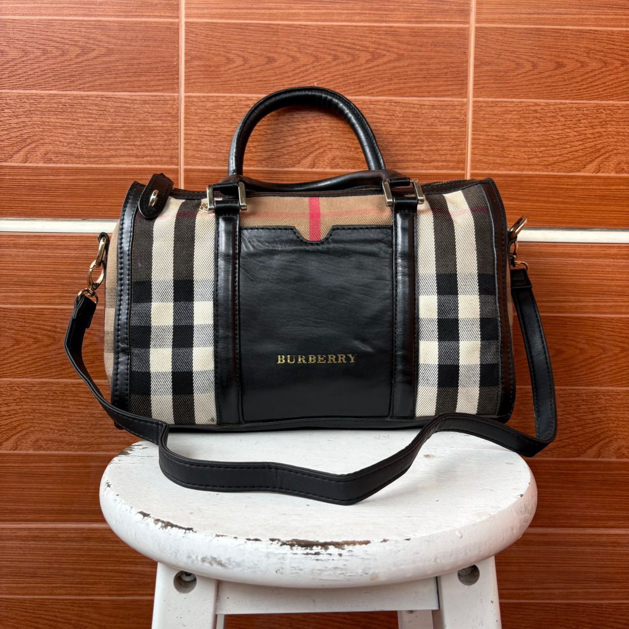 Burberry Burberry Vintage Haymarket Check Canvas & Leather Boston Bag Size ONE SIZE - 1 Thumbnail