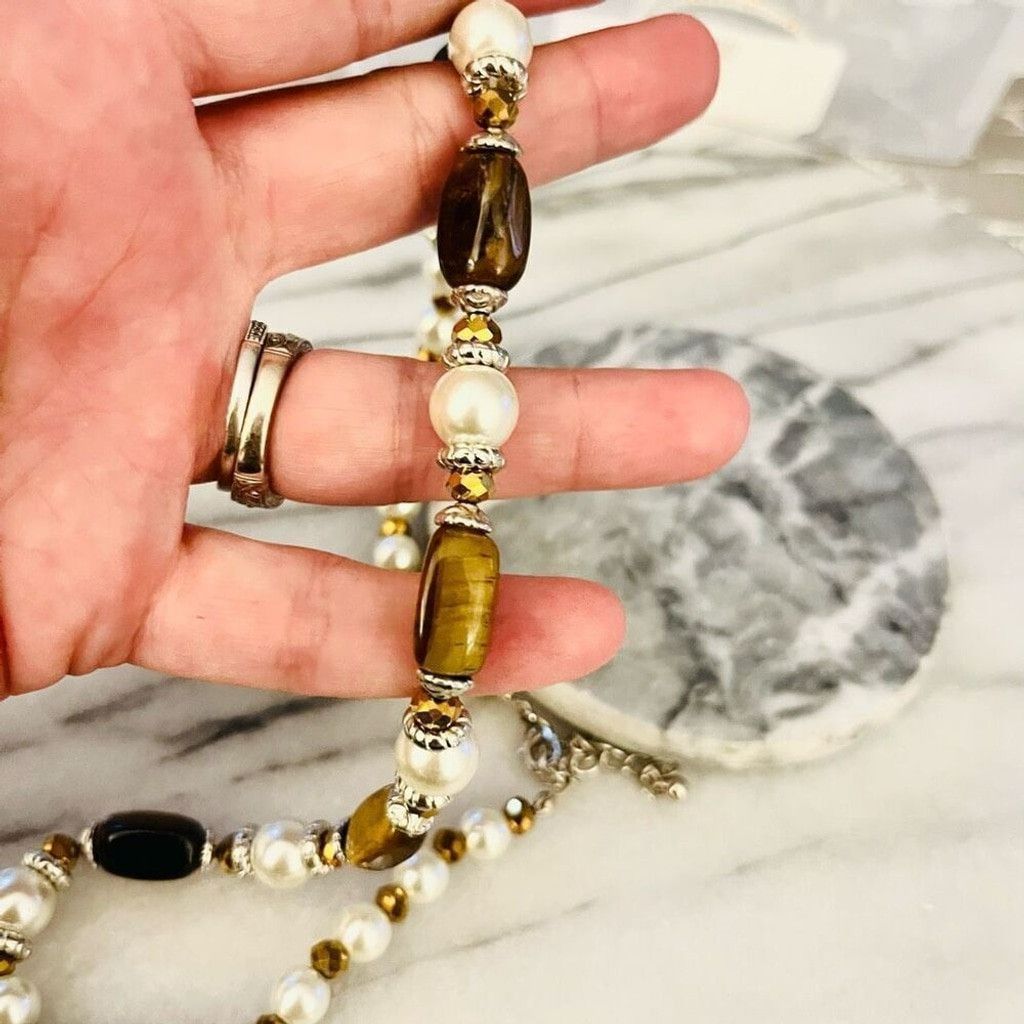 Jewelry Tigers Eye Stone and Simulated Pearl Necklace Beaded Size ONE SIZE - 6 Thumbnail