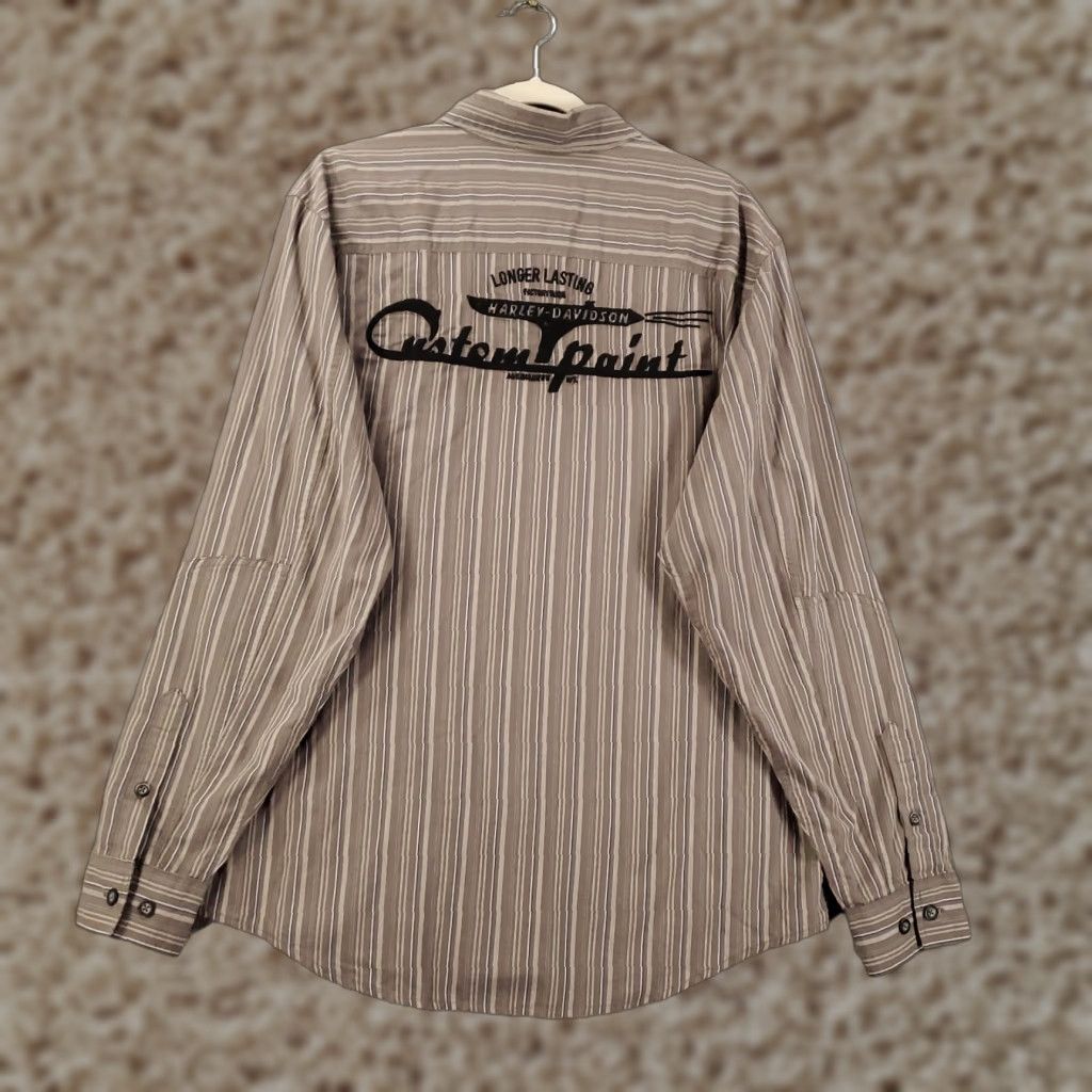 Harley Davidson Harley-Davidson Shirt Mens L Gray Striped Button-Up Embroidered Cotton Long Sleeve USA Size US L / EU 52-54 / 3 - 1 Thumbnail