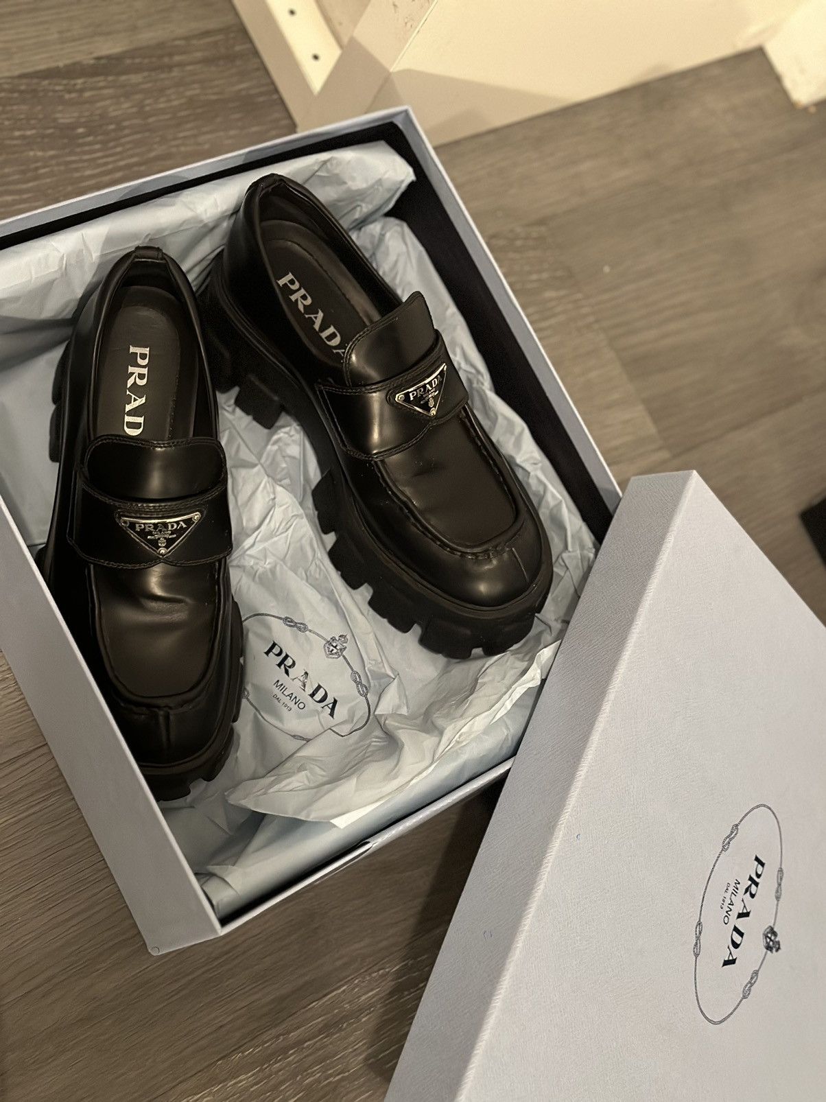 image of Prada Brushed Leather Monolith Loafers in Black, Women's (Size 6.5)