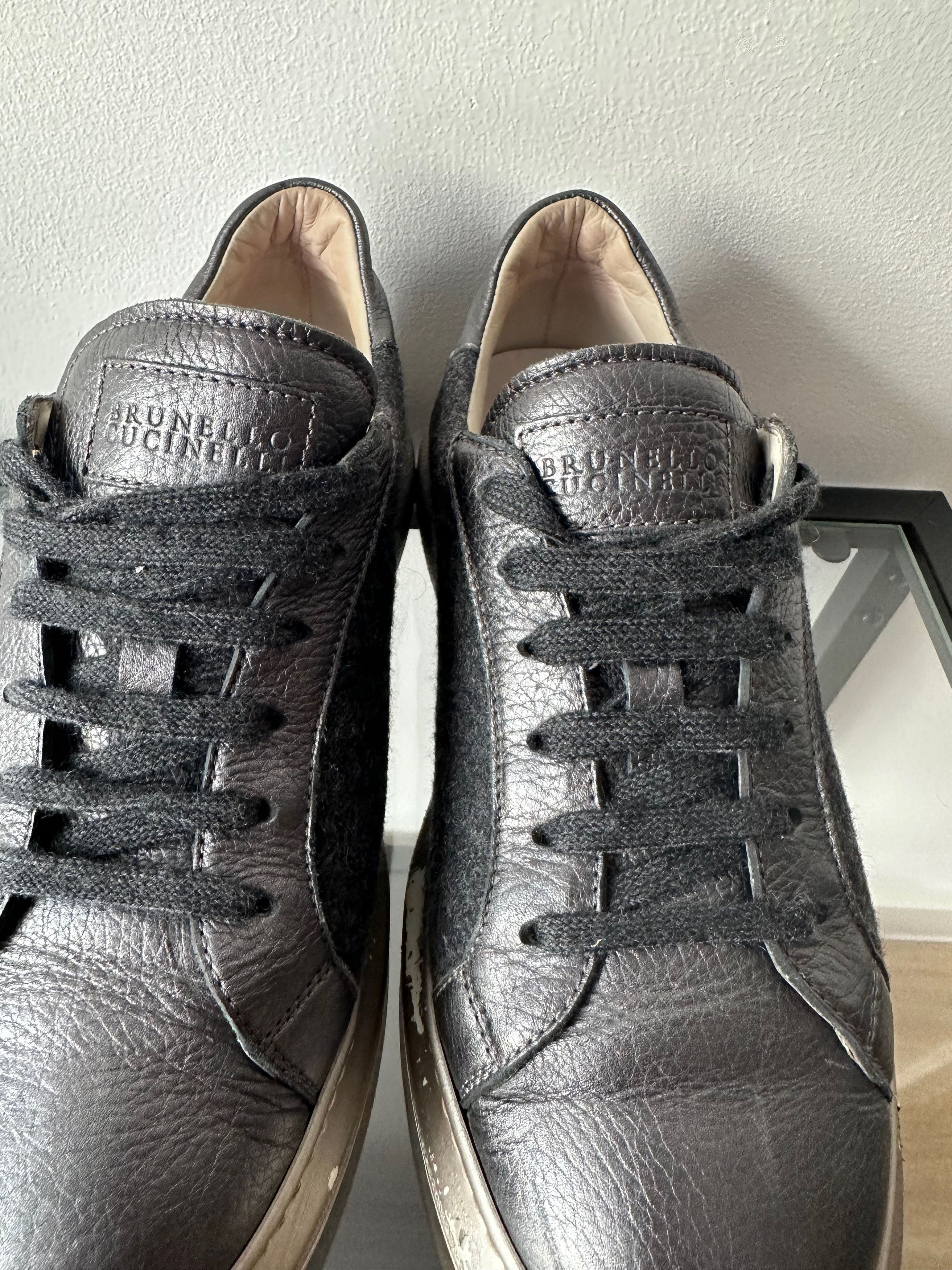 Brunello Cucinelli Brunello Cucinelli Dark Grey Wool Leather Platform Sneakers Size US 8.5 / IT 38.5 - 4 Thumbnail