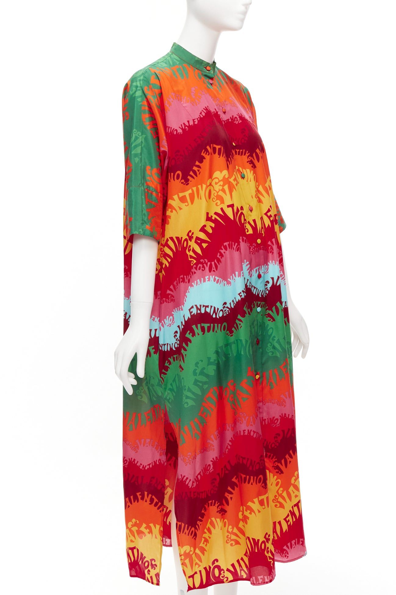 image of Valentino Valaentino Garavani Waves Rainbow Logo Print Silk Cotton Kaftan Dress It36 Xs, Women's