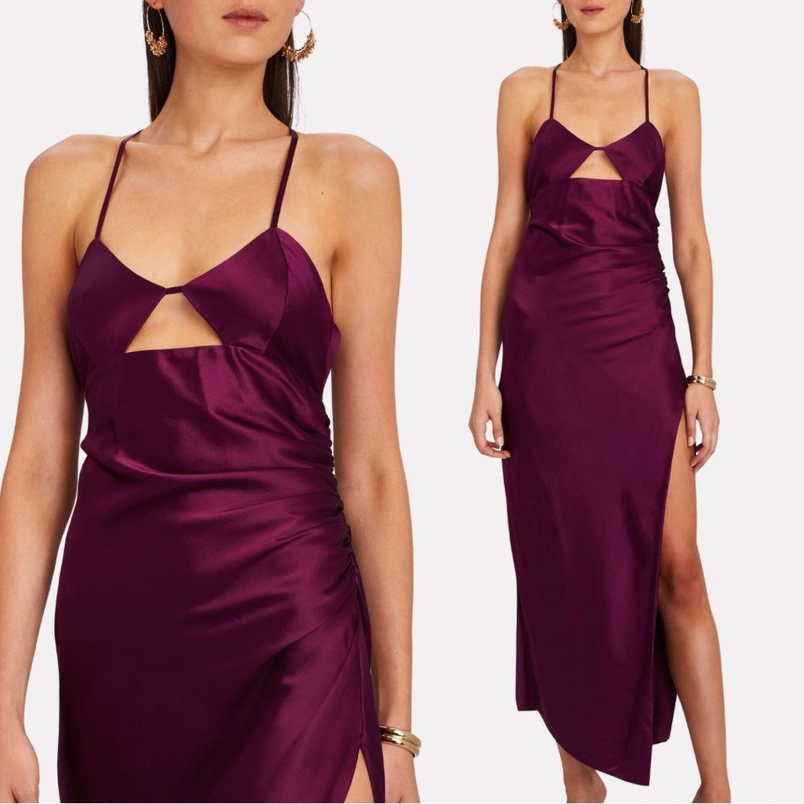 The Sei Ruched Cut Out Silk Midi Dress in Burgundy 2