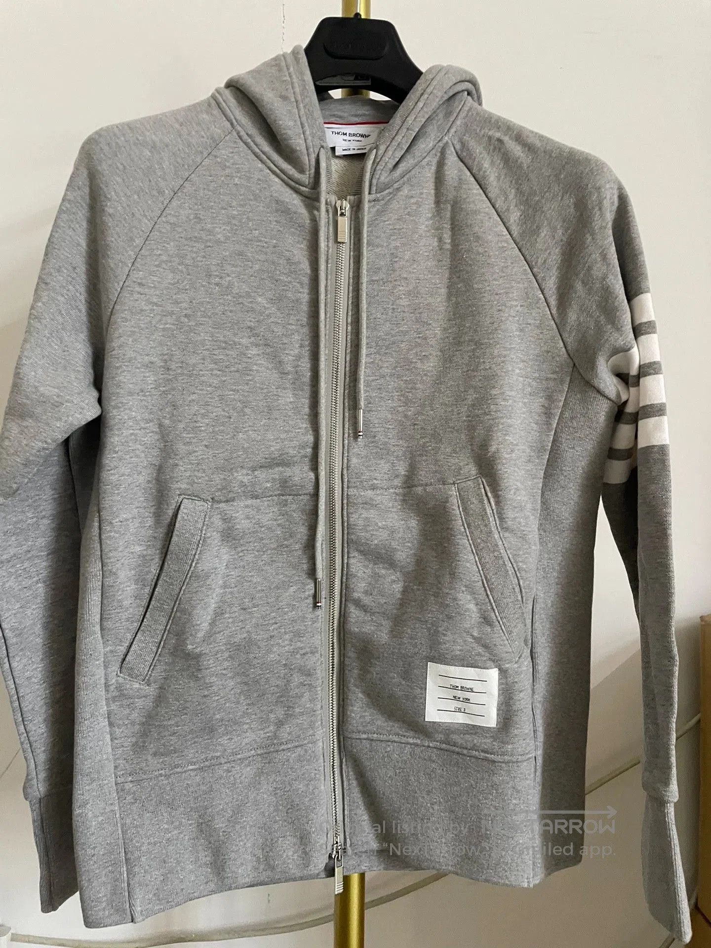 THOM BROWNE Grey 4-Bar Zip Hoodie.