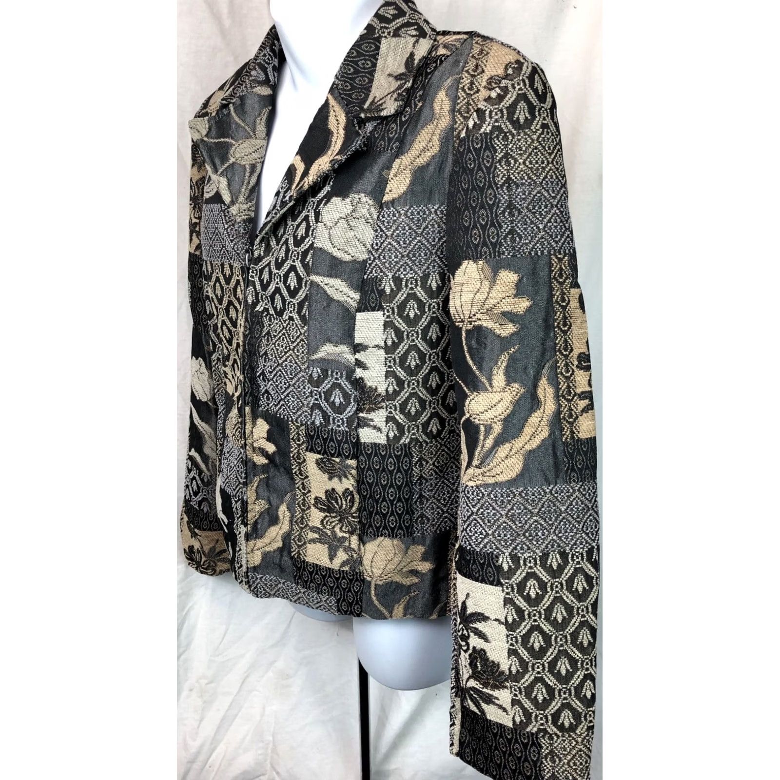Vintage Dressbarn Jacket L Gray/Taupe Zip Up Collar boho Patchwork Tapestry 2000s Y2K Women Size L / US 10 / IT 46 - 2 Thumbnail