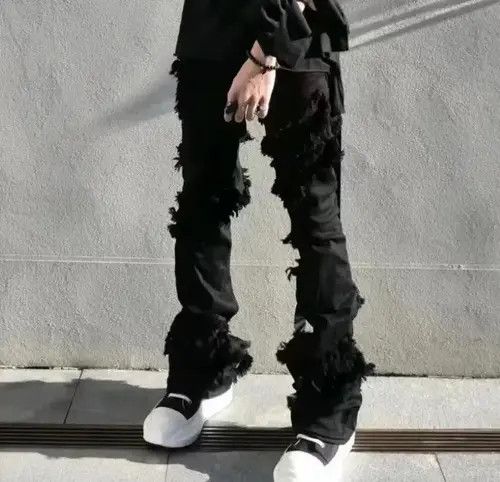 VIBE High Street Ripped Tassel Frayed Black Flare Jeans Pant Size US 32 / EU 48 - 3 Thumbnail