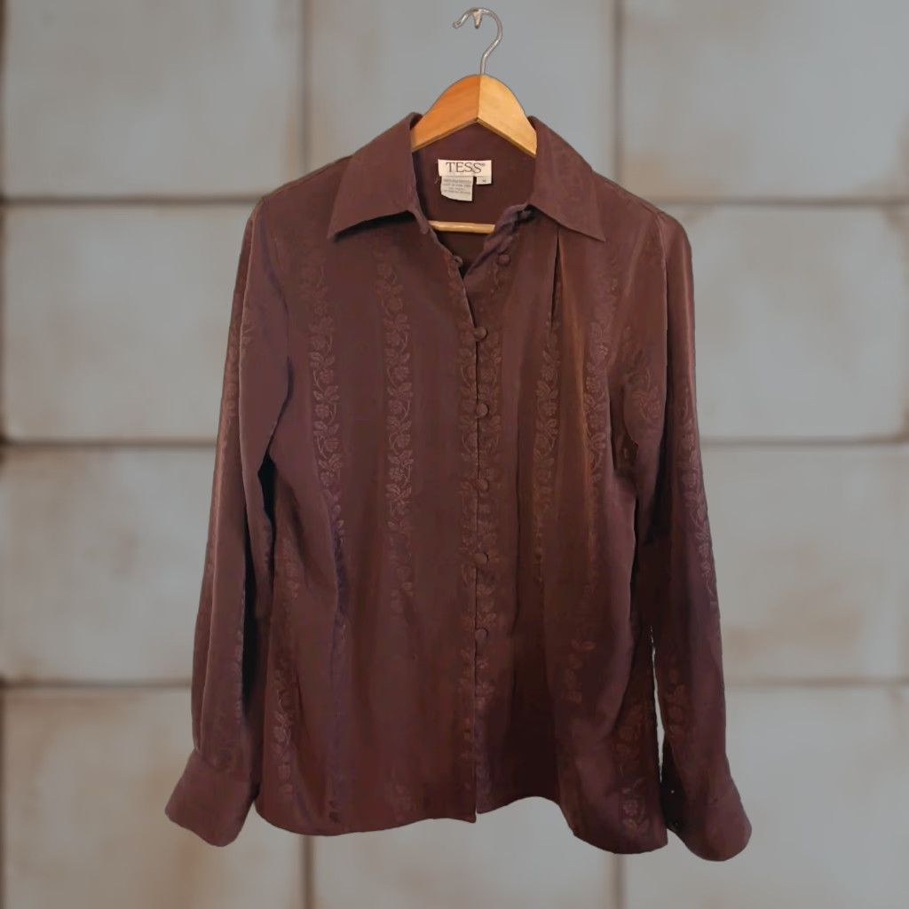 Vintage VINTAGE Tess Blouse Shirt Ladies M Brown Floral Jacquard Top Rouleau Buttons Shoulder Pads Party/Cocktail Womens Size M / US 6-8 / IT 42-44 - 1 Thumbnail