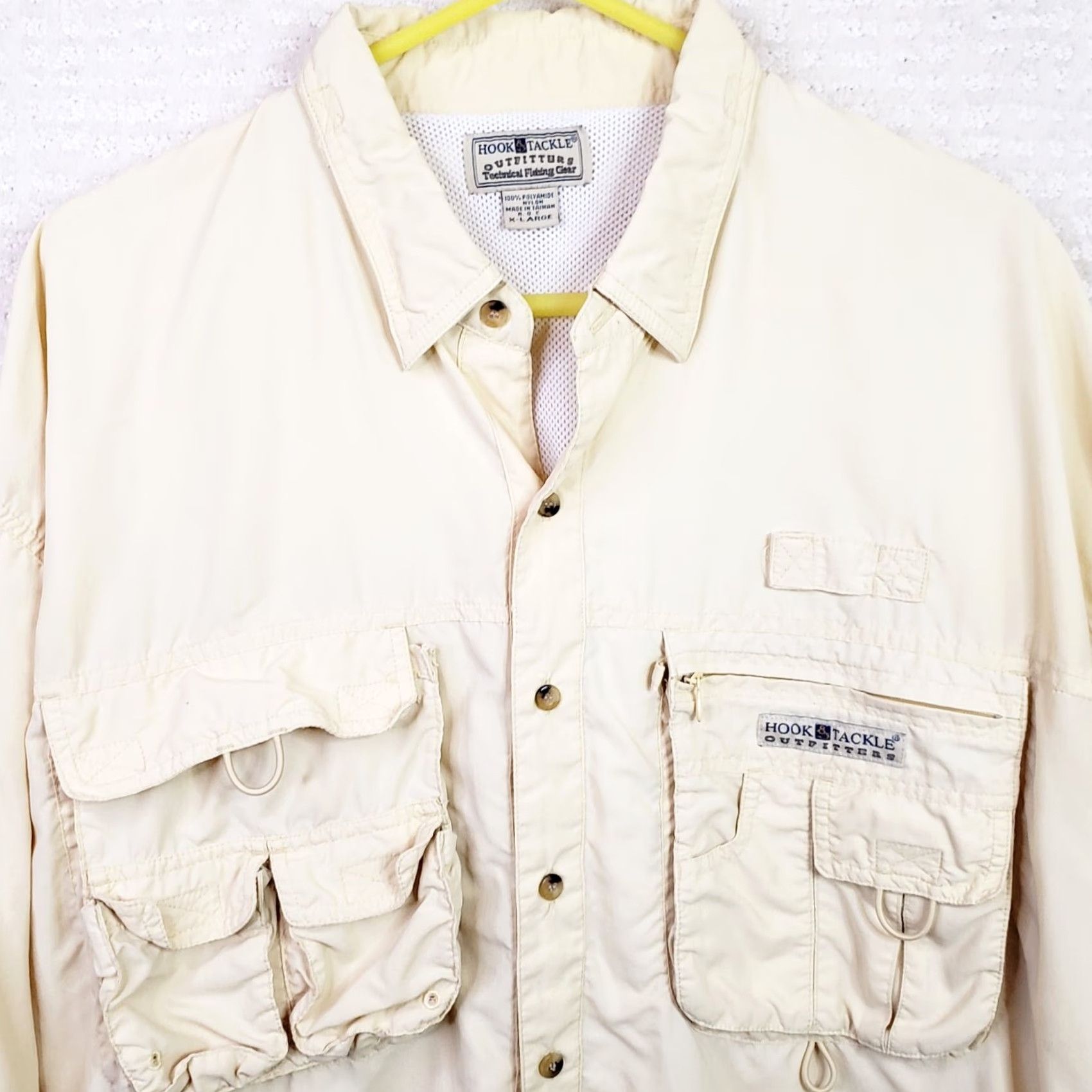 Vintage Hook & Tackle Shirt Men's XL Yellow Outdoor Technical Fishing Gear Vented Zipper Button-Down Collared Short Sleeve Regular Fit UV Protection Pockets Size US XL / EU 56 / 4 - 3 Thumbnail