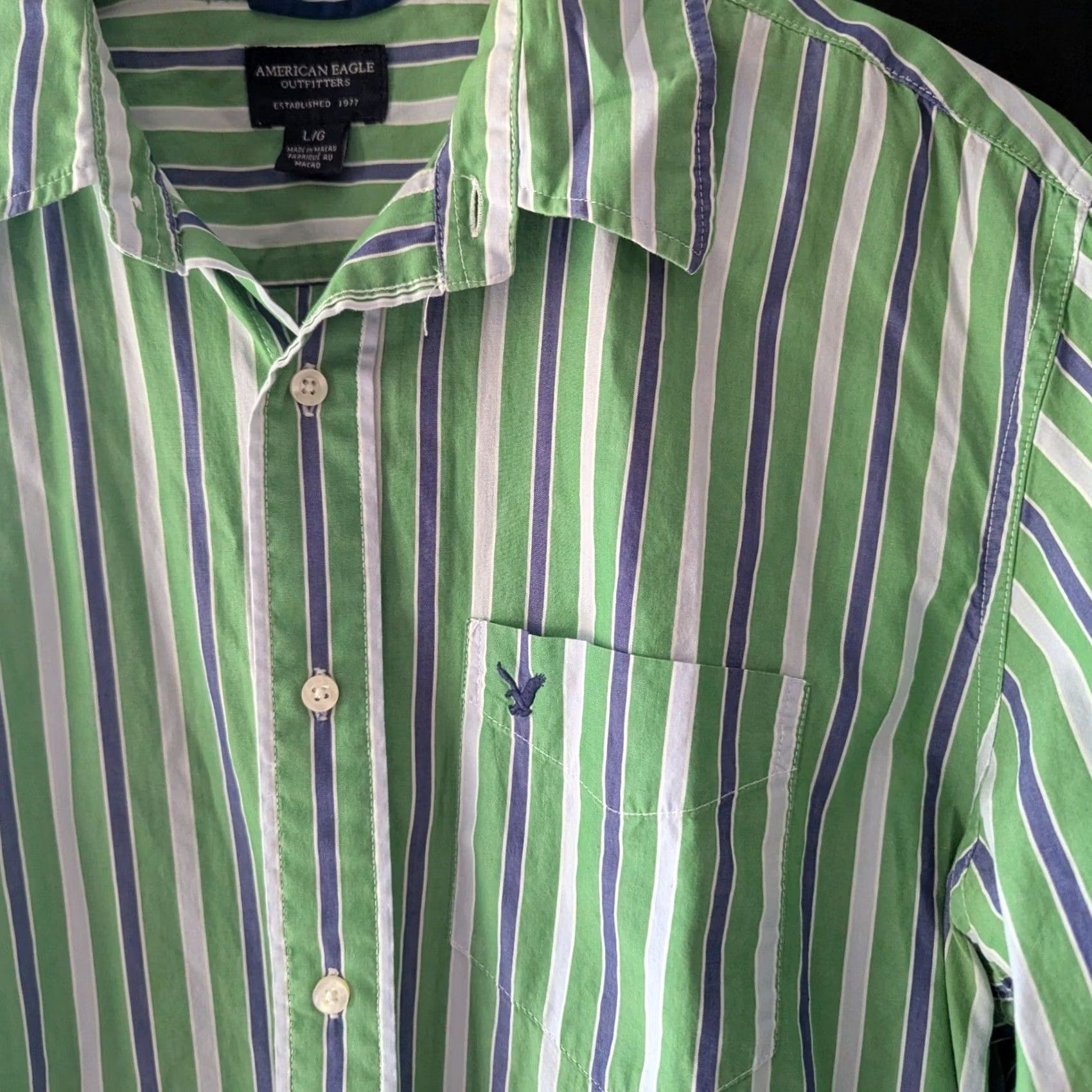 American Eagle Outfitters American Eagle Button-Up Shirt Striped Slim Fit Green Blue Mens Sz L Vintage Long Sleeve Collared Chest Pocket Cotton Size US L / EU 52-54 / 3 - 3 Thumbnail