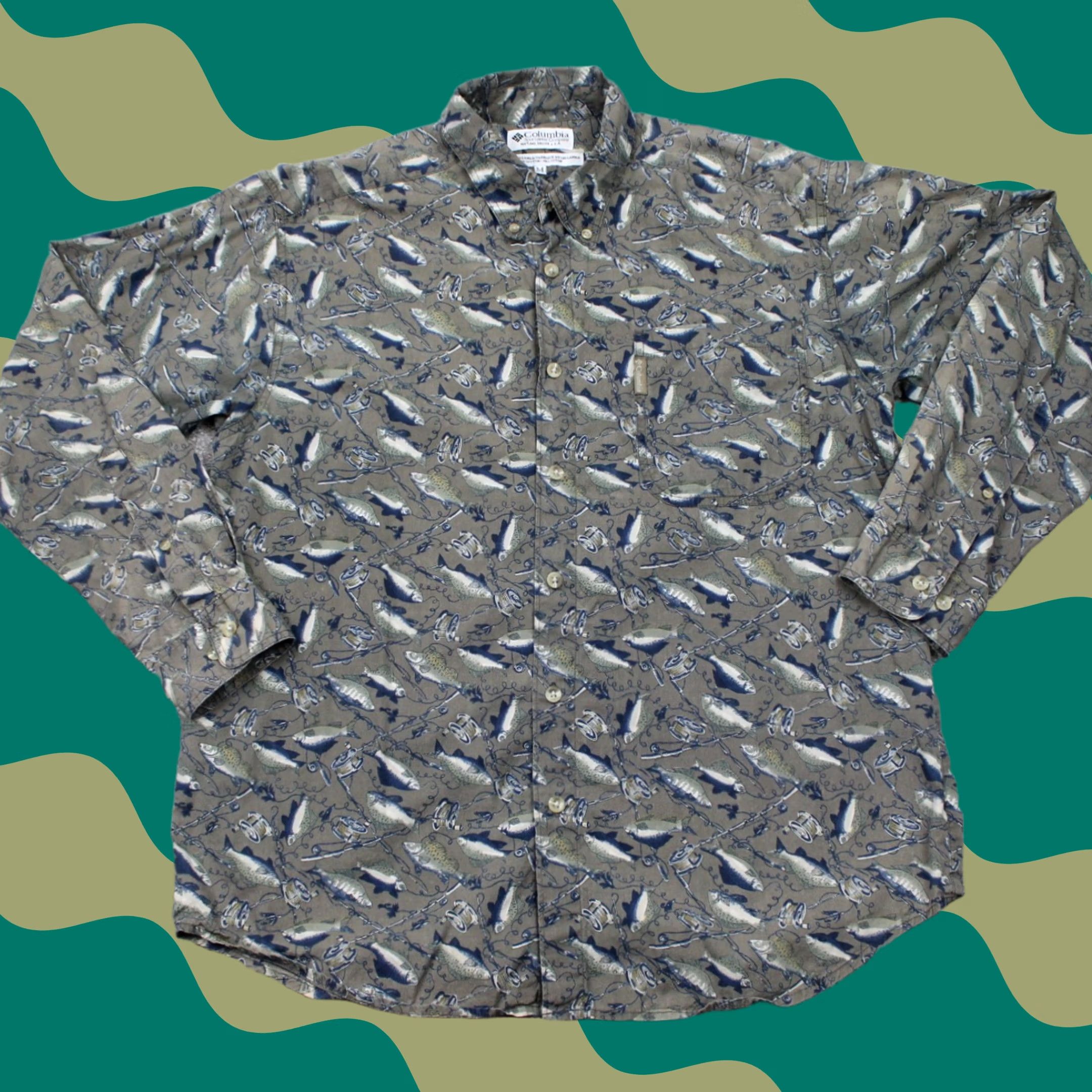 Vintage Columbia Mens Medium Gray/Blue Fish All Over Print Cotton Long Sleeve Shirt Size US M / EU 48-50 / 2 - 1 Thumbnail