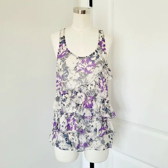 Anthropologie Eliot Sheer Silk Floral Ruffle Racerback Tank Gift Spring Size S / US 4 / IT 40 - 2 Thumbnail