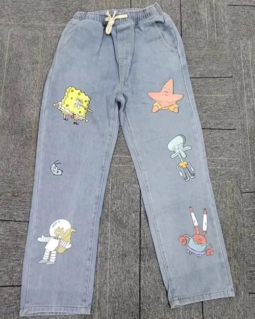 Designer Straight Cartoon Streetwear Jeans Sponge Bob Hip Hop Style Size US 30 / EU 46 - 8 Thumbnail