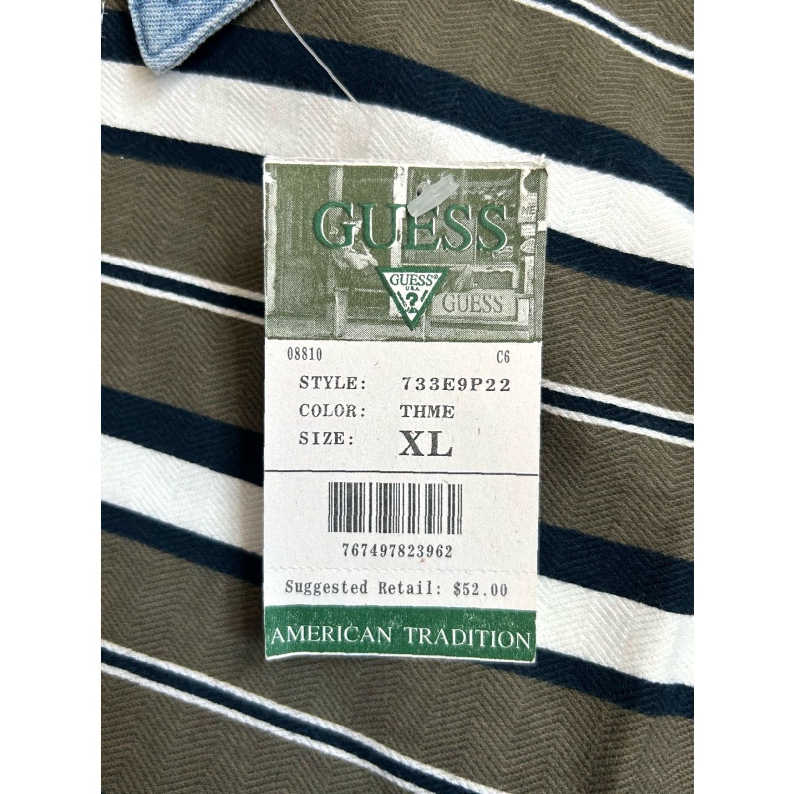 Guess VINTAGE GUESS POLO Shirt Mens XL Deadstock NWT 90s NOS Striped Olive Green Navy Blue White Embroidered Chest Logo Denim Collar Short Sleeve Size US XL / EU 56 / 4 - 2 Thumbnail